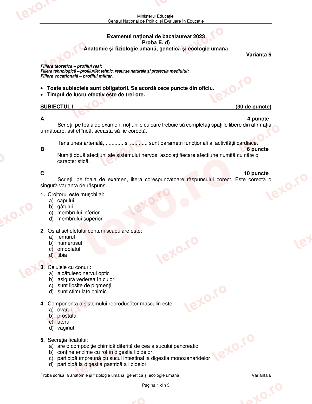 Subiecte Bacalaureat 2023 – Anatomie și fiziologie umană, genetică și ecologie umană – sesiunea specială (subiect + barem)