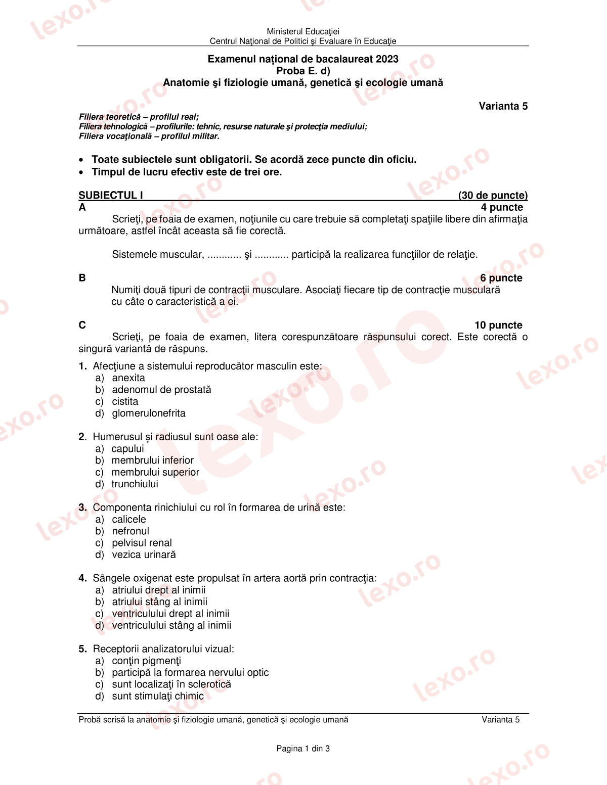 Subiecte Bacalaureat 2023 – Anatomie și fiziologie umană, genetică și ecologie umană – sesiunea iunie–iulie (subiect + barem)