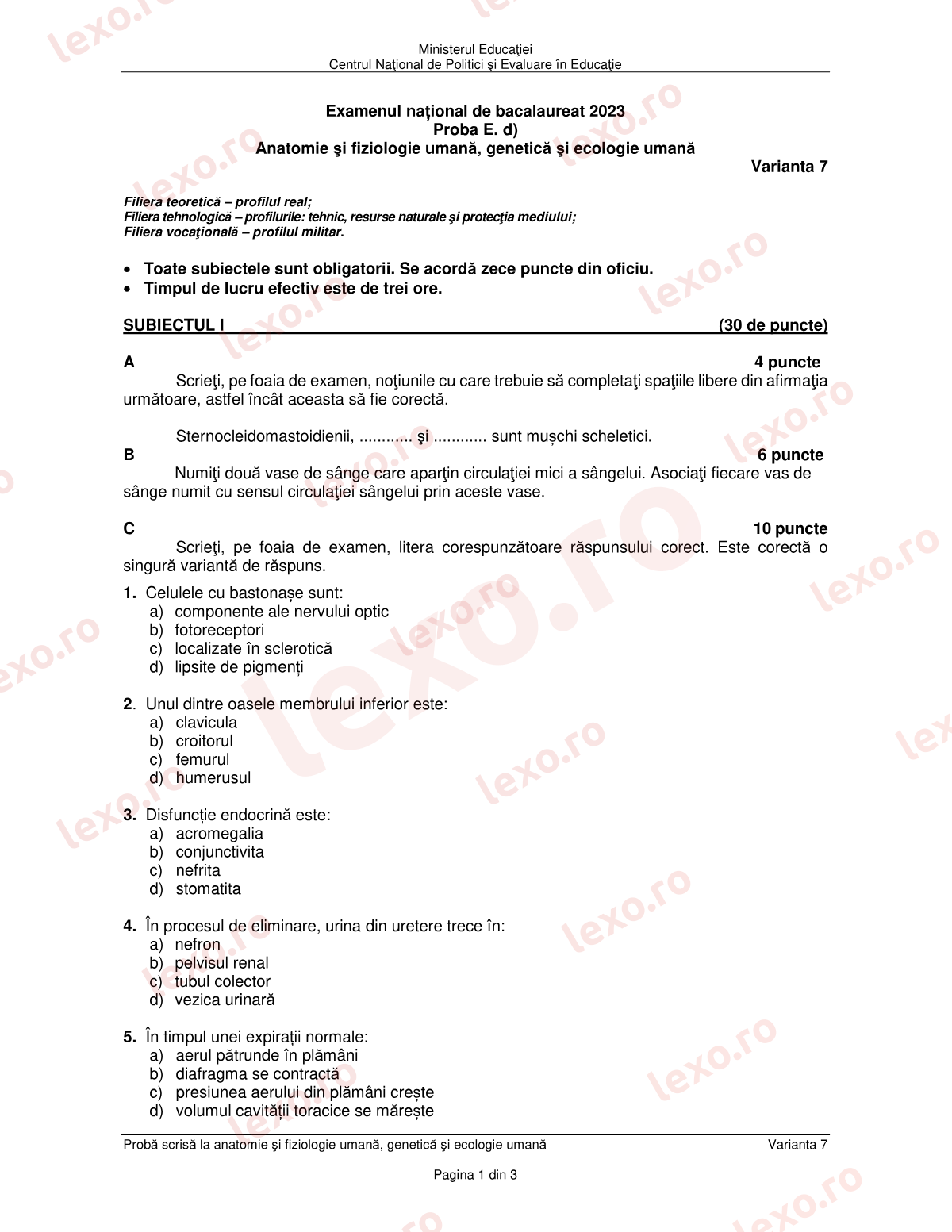 Subiecte Bacalaureat 2023 – Anatomie și fiziologie umană, genetică și ecologie umană – sesiunea august–septembrie (subiect + barem)