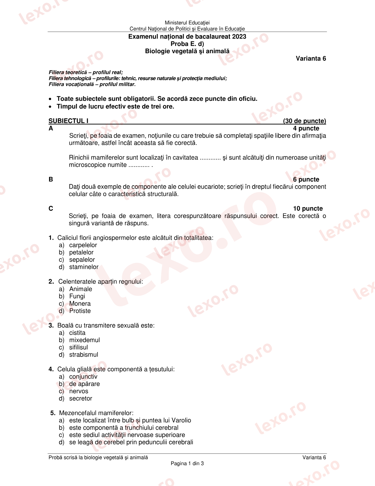 Subiecte Bacalaureat 2023 – Biologie vegetală și animală – sesiunea specială (subiect + barem)
