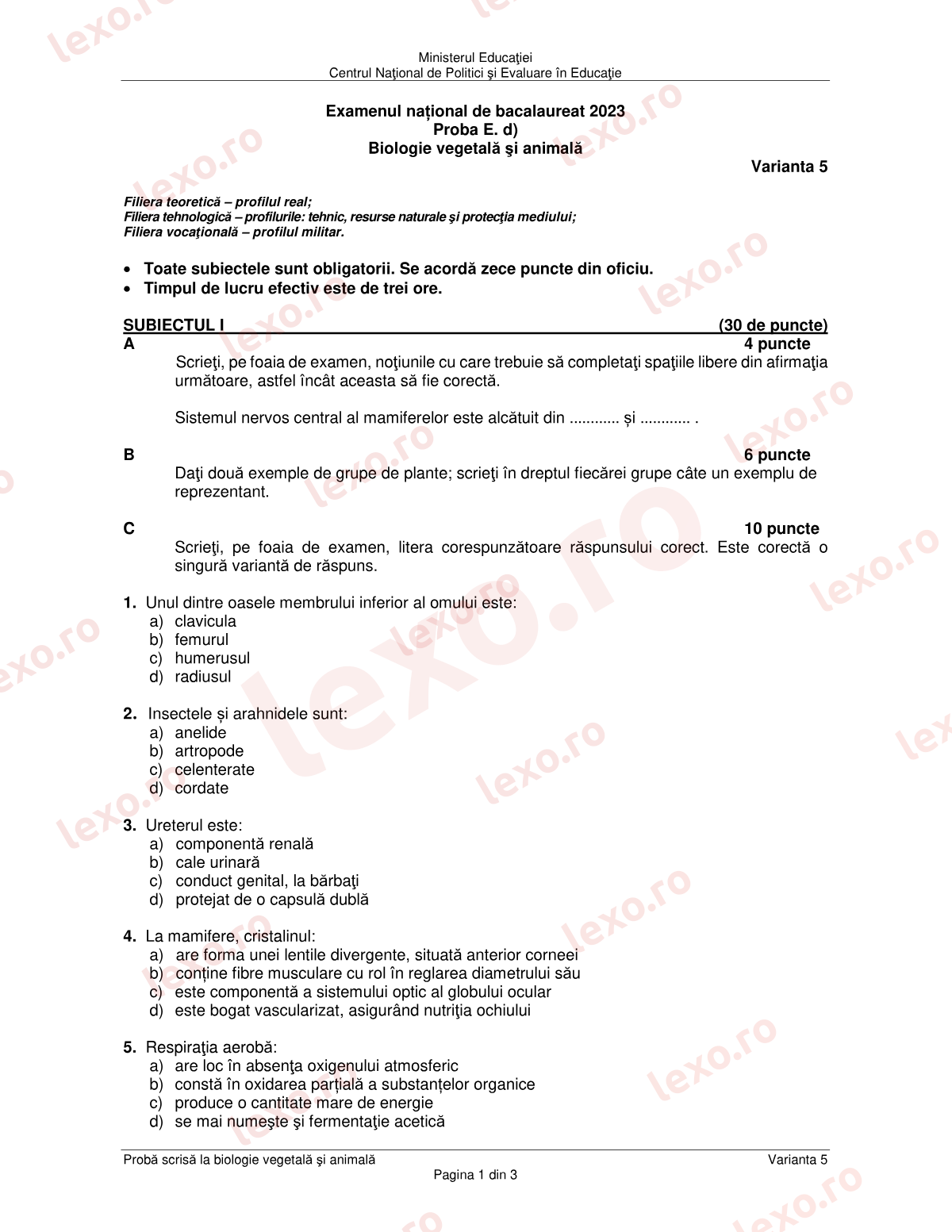 Subiecte Bacalaureat 2023 – Biologie vegetală și animală – sesiunea iunie–iulie (subiect + barem)
