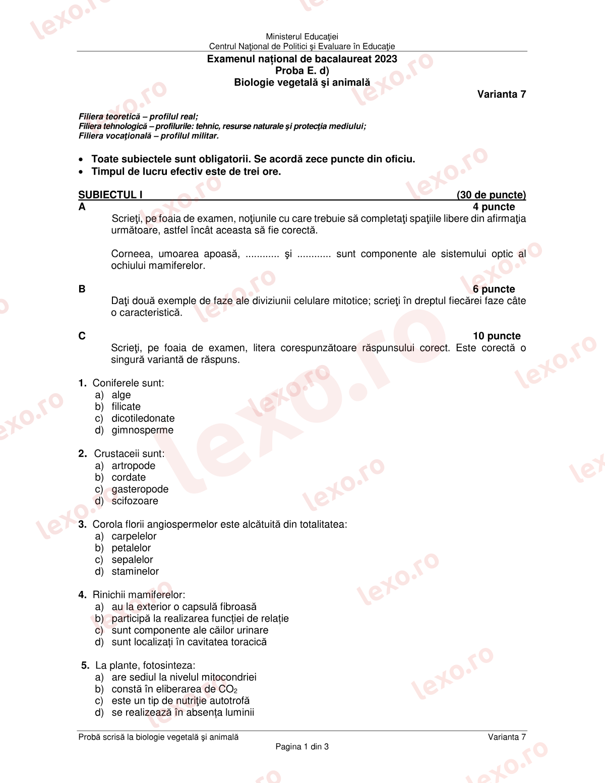 Subiecte Bacalaureat 2023 – Biologie vegetală și animală – sesiunea august–septembrie (subiect + barem)
