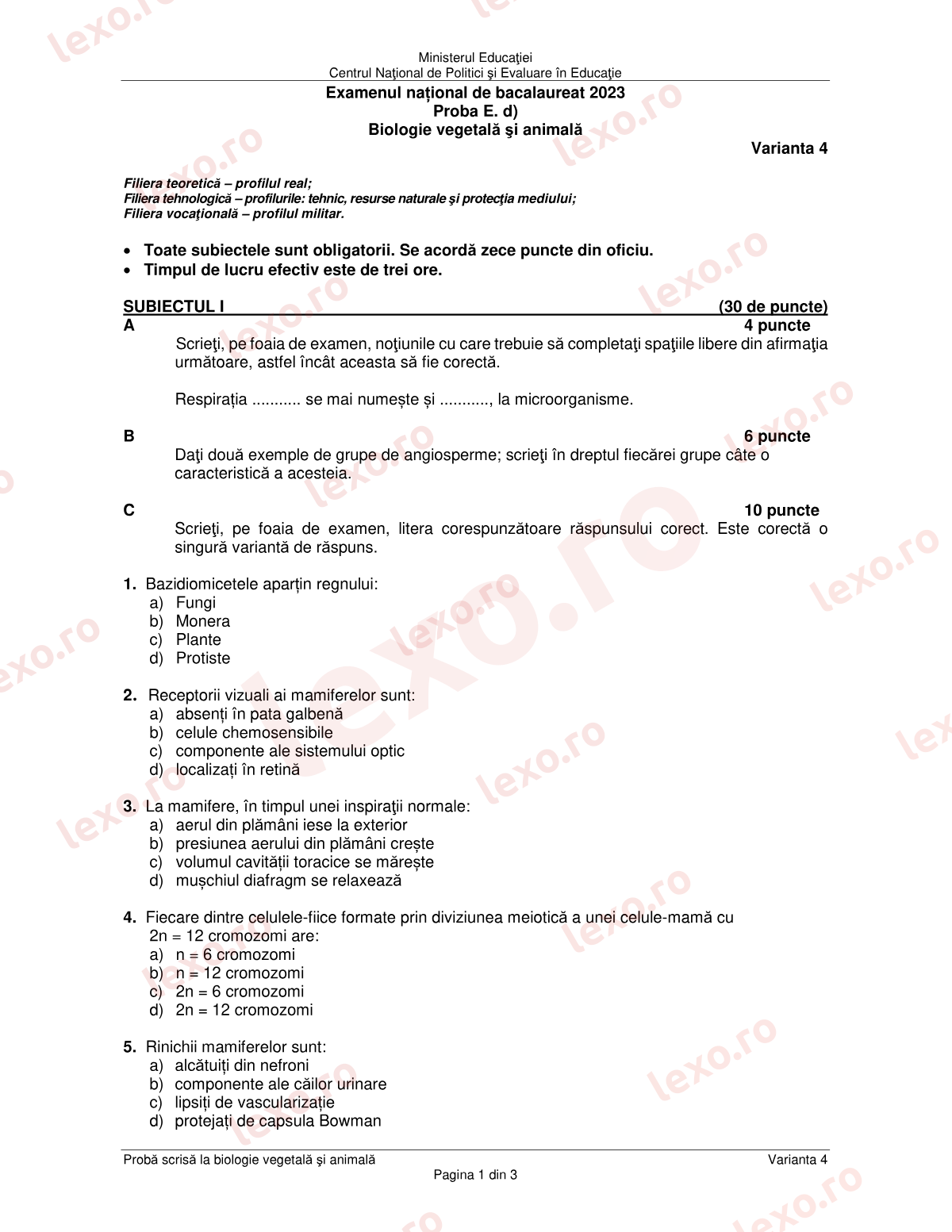 Subiecte Bacalaureat 2023 – Biologie vegetală și animală – sesiunea august–septembrie, rezervă (subiect + barem)