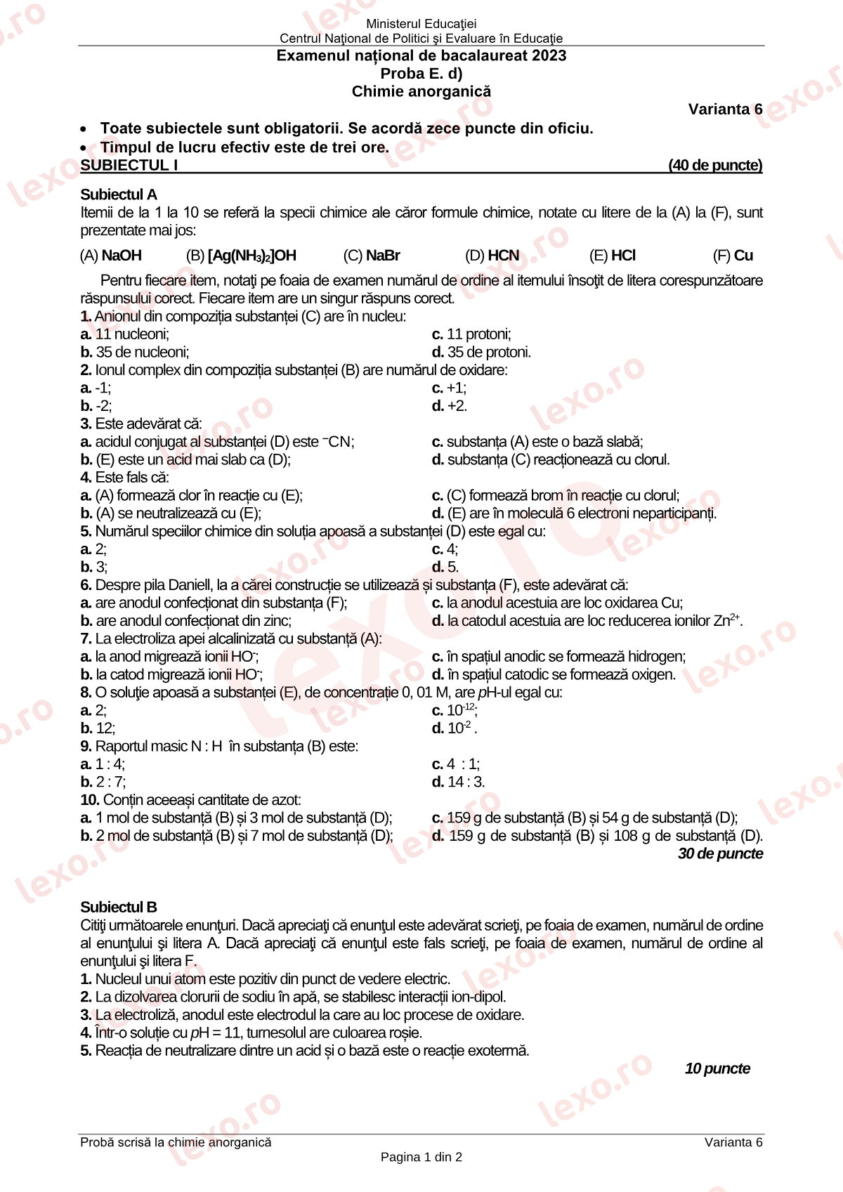 Subiecte Bacalaureat 2023 – Chimie anorganică – sesiunea specială (subiect + barem)