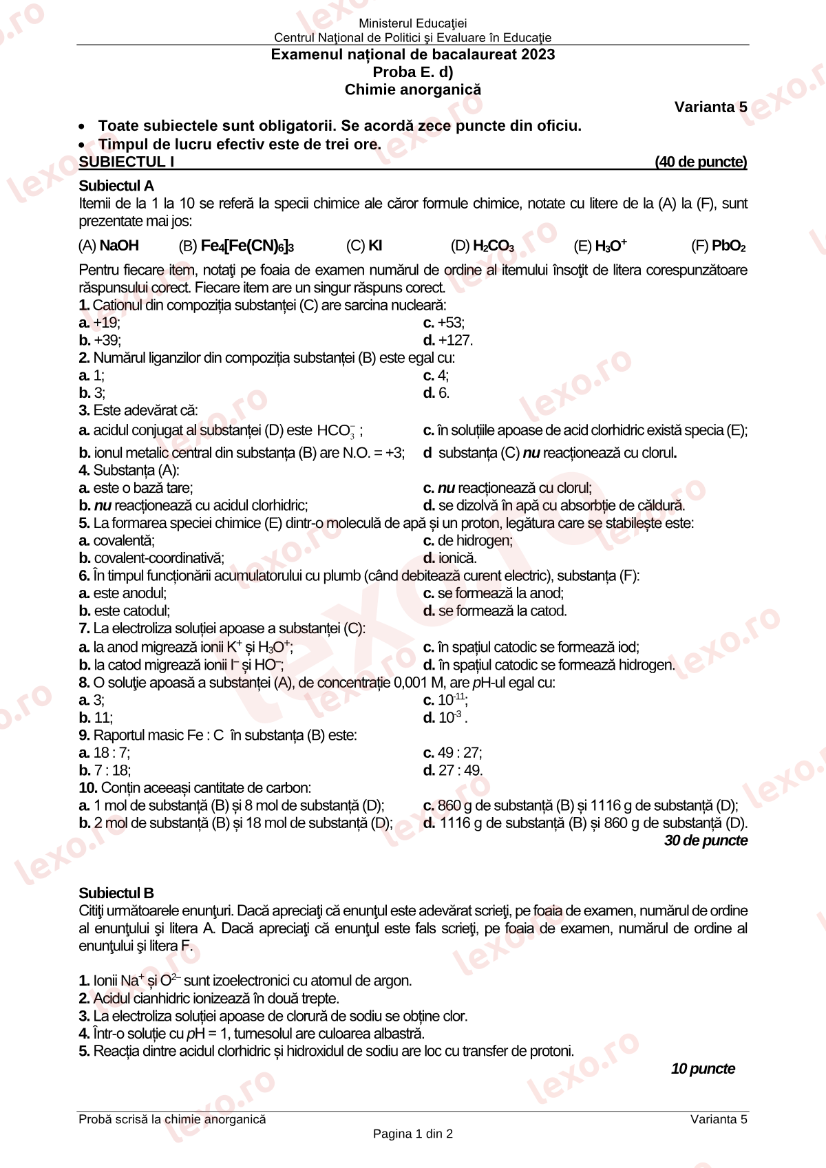 Subiecte Bacalaureat 2023 – Chimie anorganică – sesiunea iunie–iulie (subiect + barem)