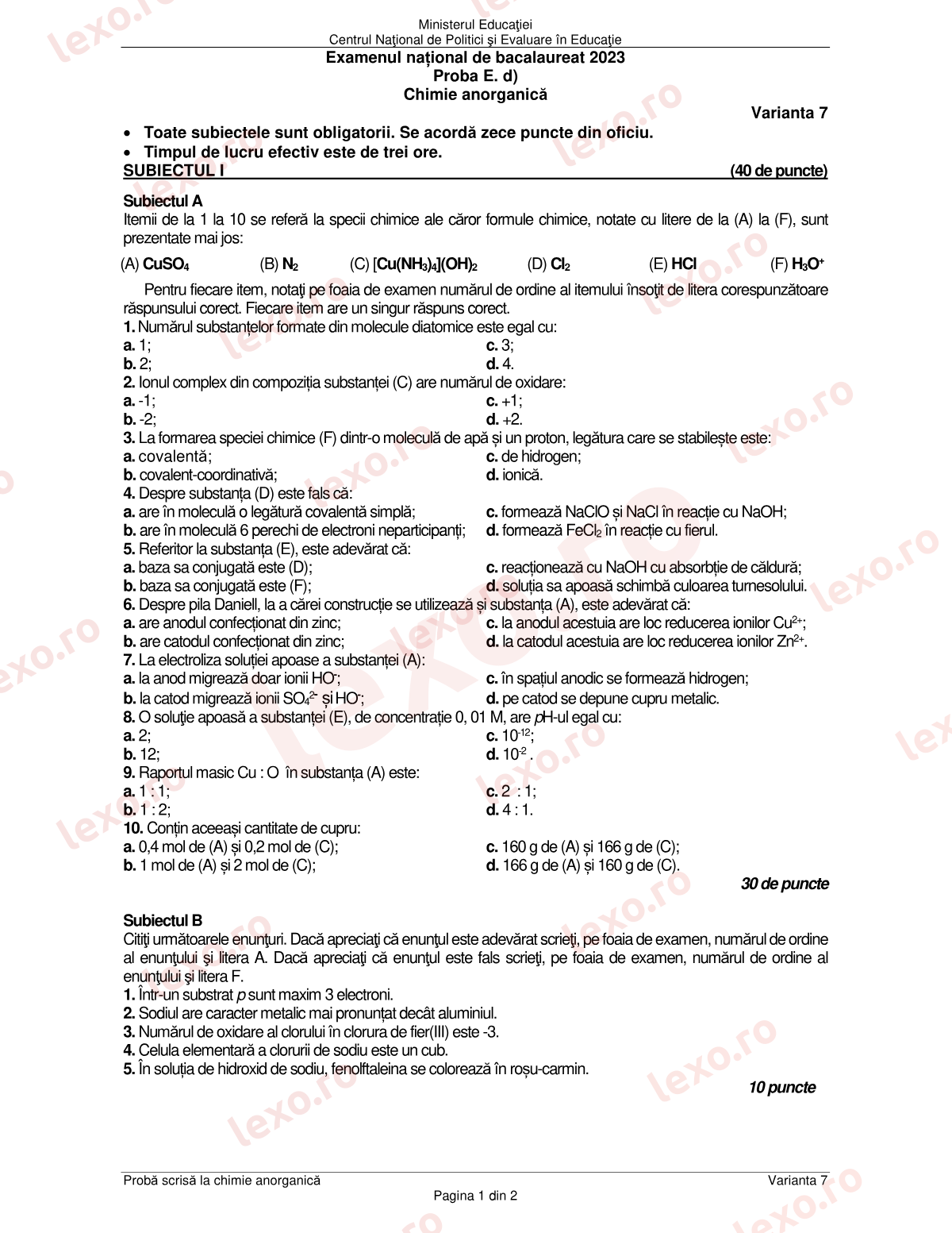 Subiecte Bacalaureat 2023 – Chimie anorganică – sesiunea august–septembrie (subiect + barem)