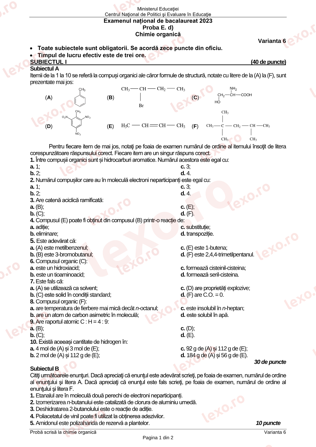 Subiecte Bacalaureat 2023 – Chimie organică – sesiunea specială (subiect + barem)