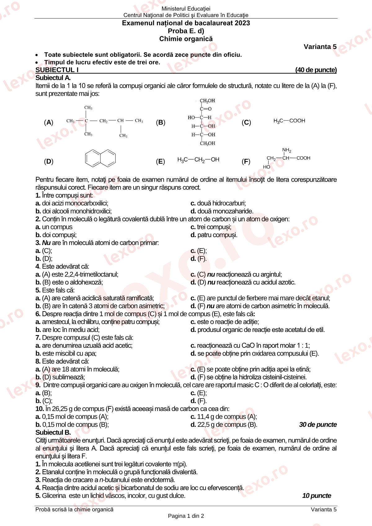 Subiecte Bacalaureat 2023 – Chimie organică – sesiunea iunie–iulie (subiect + barem)