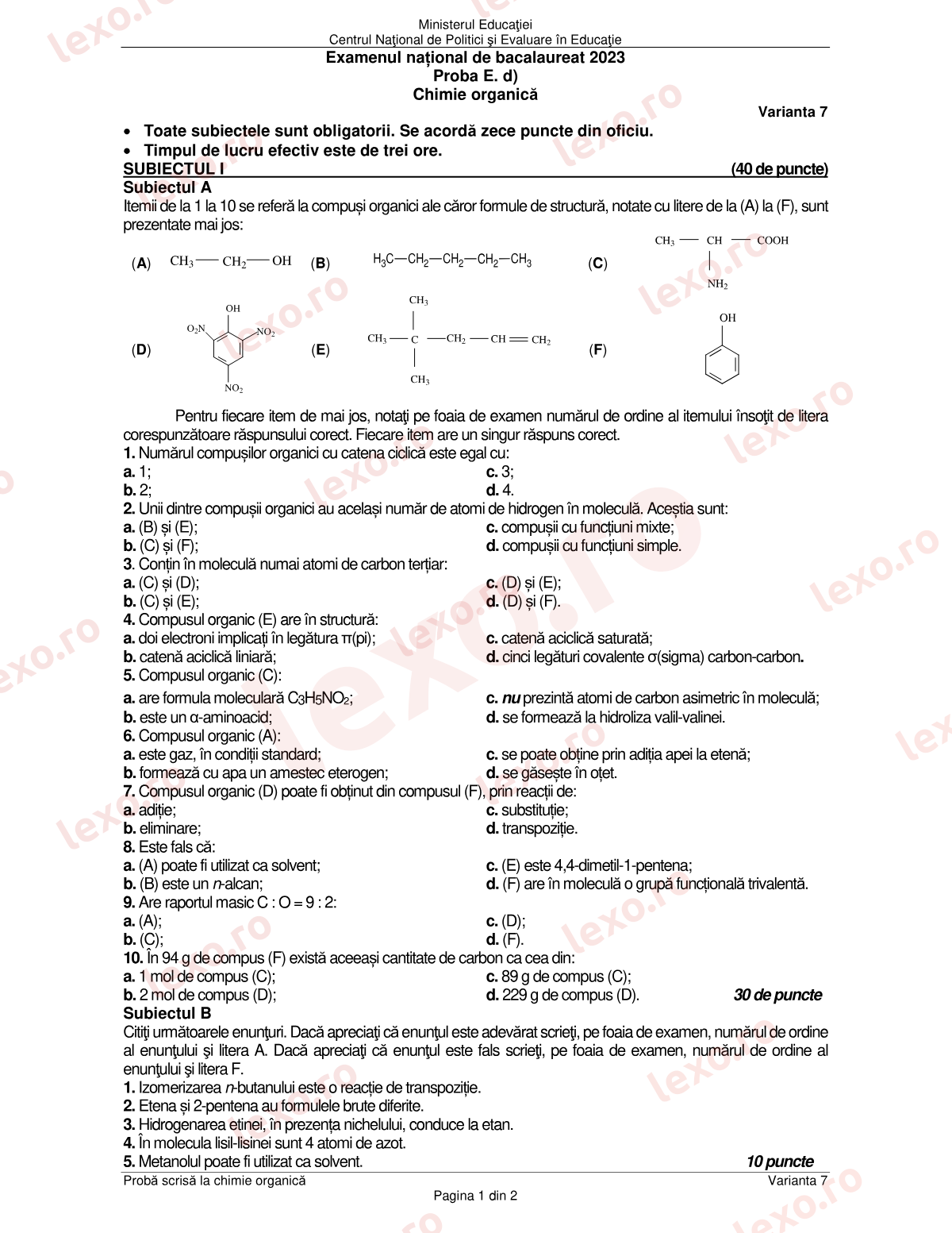 Subiecte Bacalaureat 2023 – Chimie organică – sesiunea august–septembrie (subiect + barem)