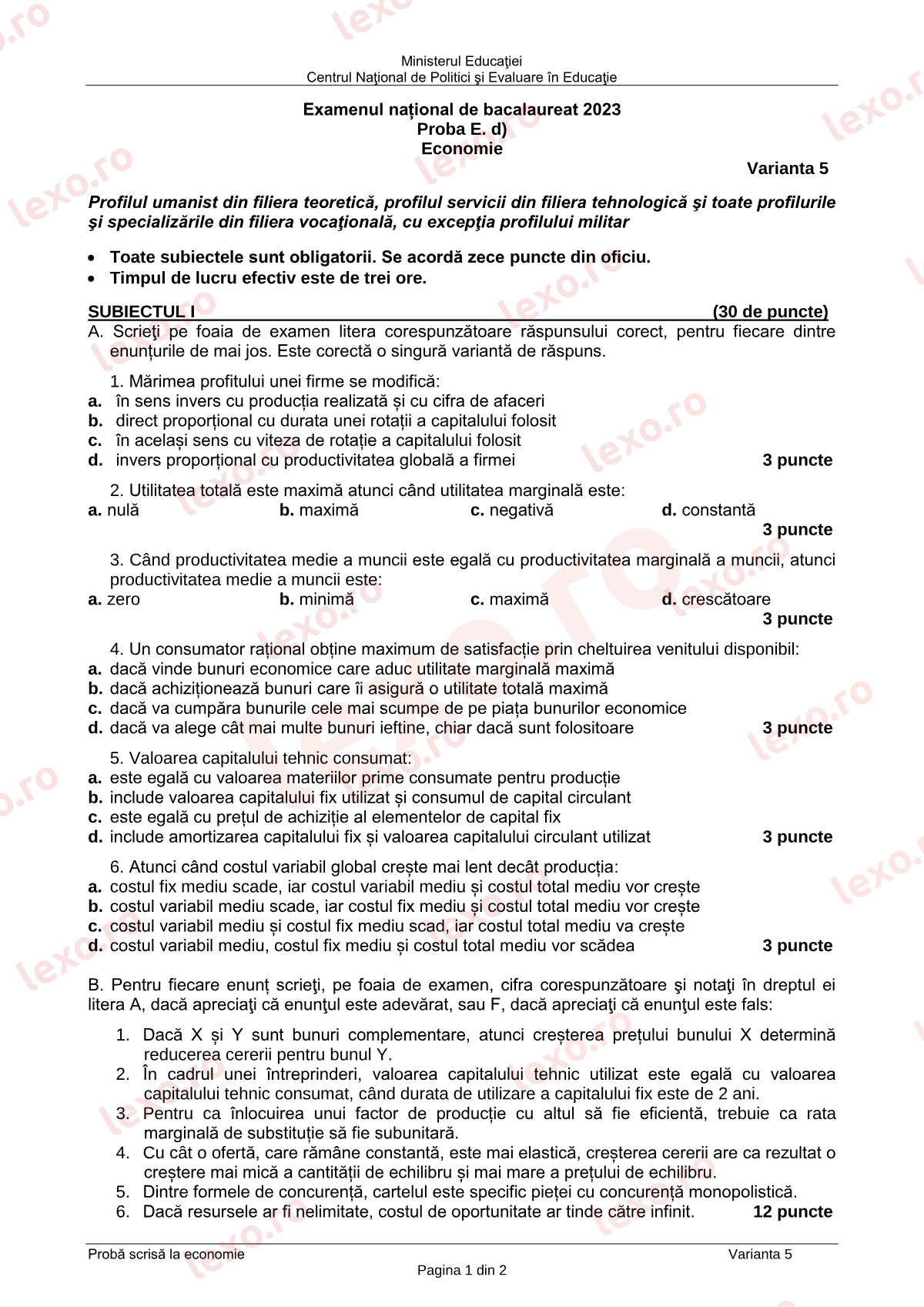 Subiecte Bacalaureat 2023 – Economie – sesiunea iunie–iulie (subiect + barem)