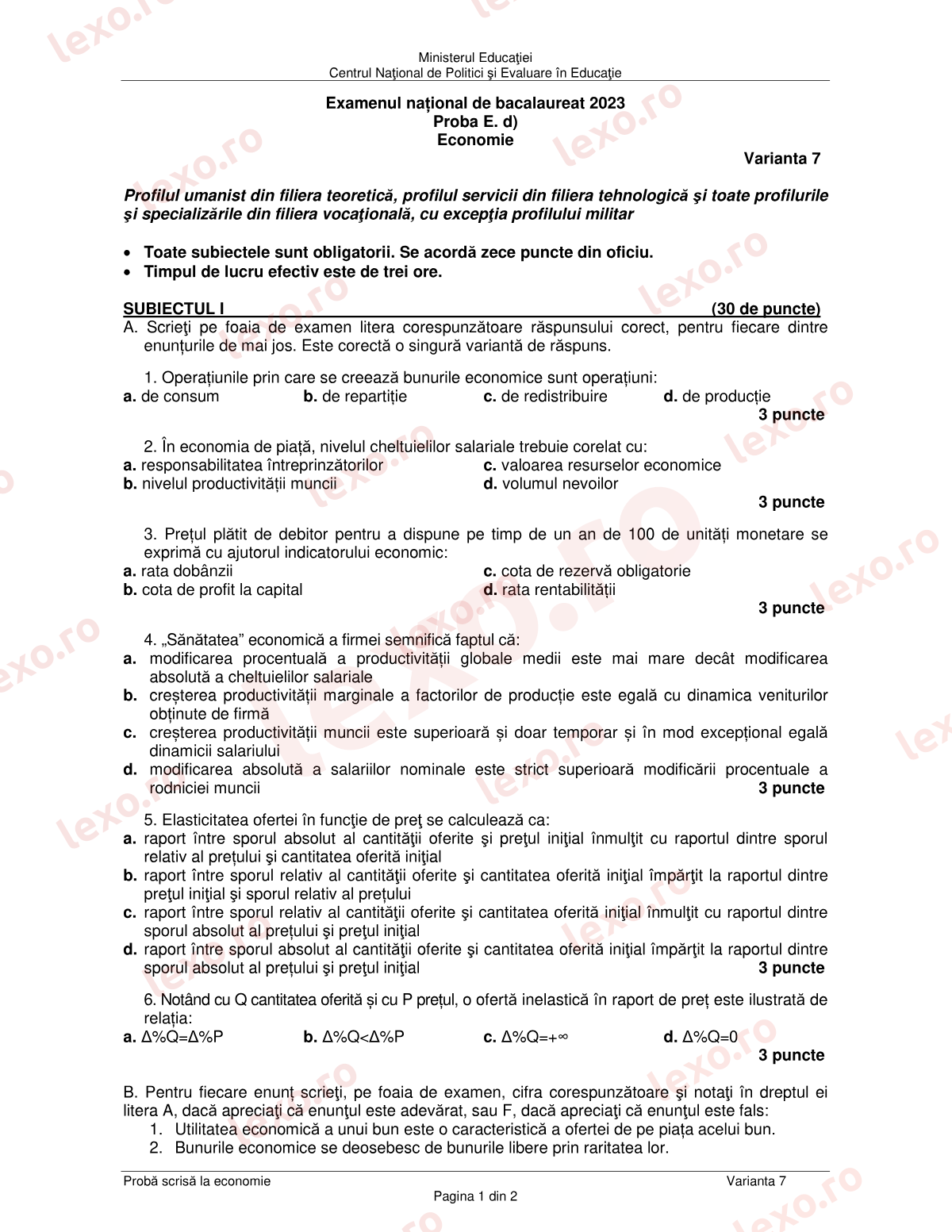 Subiecte Bacalaureat 2023 – Economie – sesiunea august–septembrie (subiect + barem)