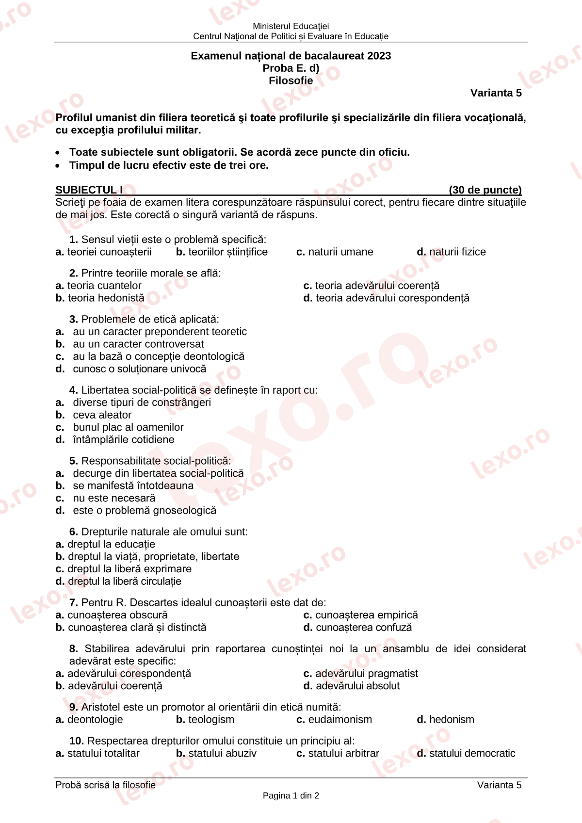 Subiecte Bacalaureat 2023 – Filosofie – sesiunea iunie–iulie (subiect + barem)