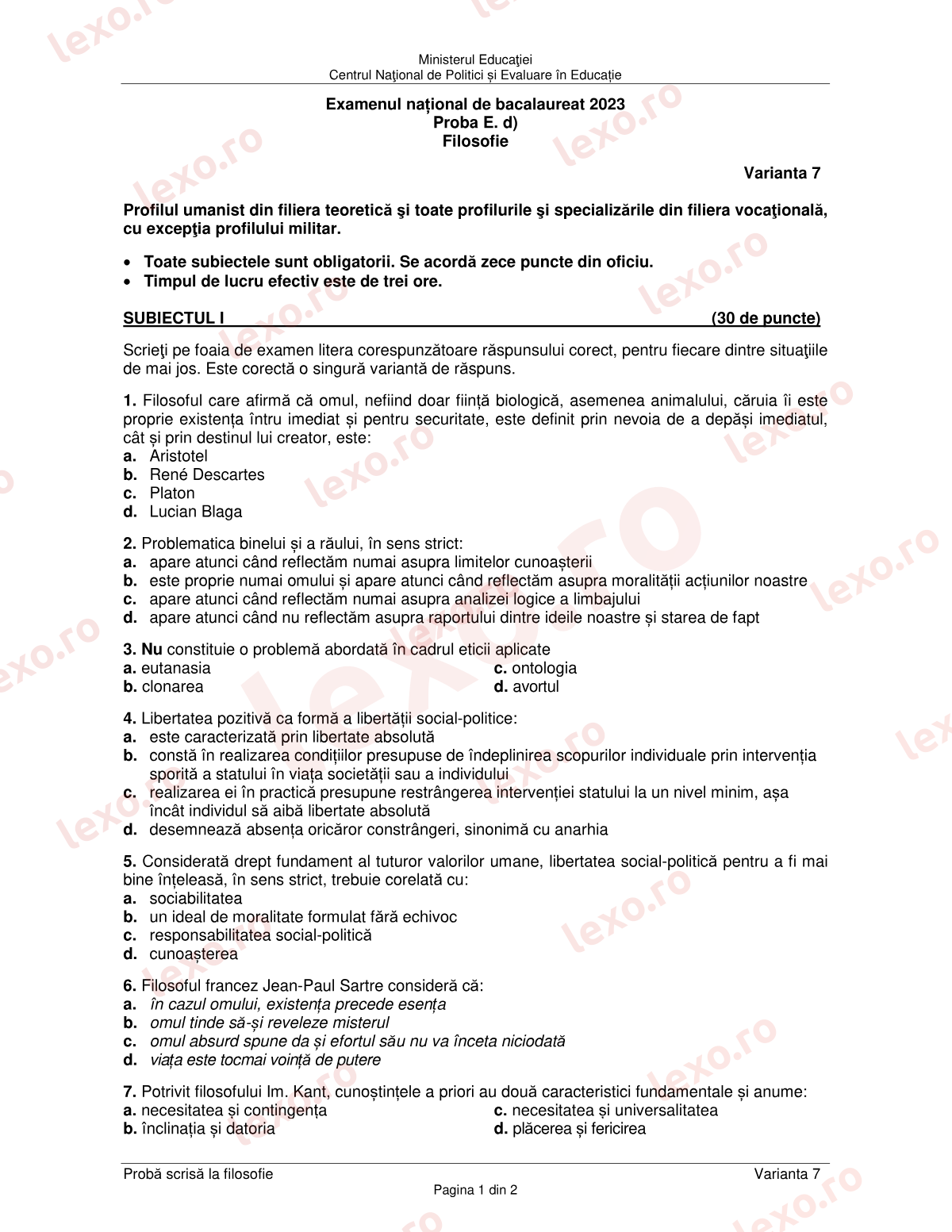 Subiecte Bacalaureat 2023 – Filosofie – sesiunea august–septembrie (subiect + barem)