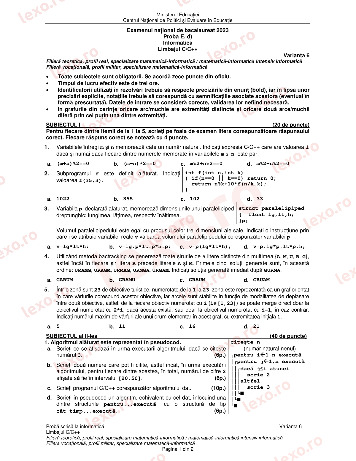 Subiecte Bacalaureat 2023 – Informatică — specializarea matematică-informatică – sesiunea specială (subiect + barem)