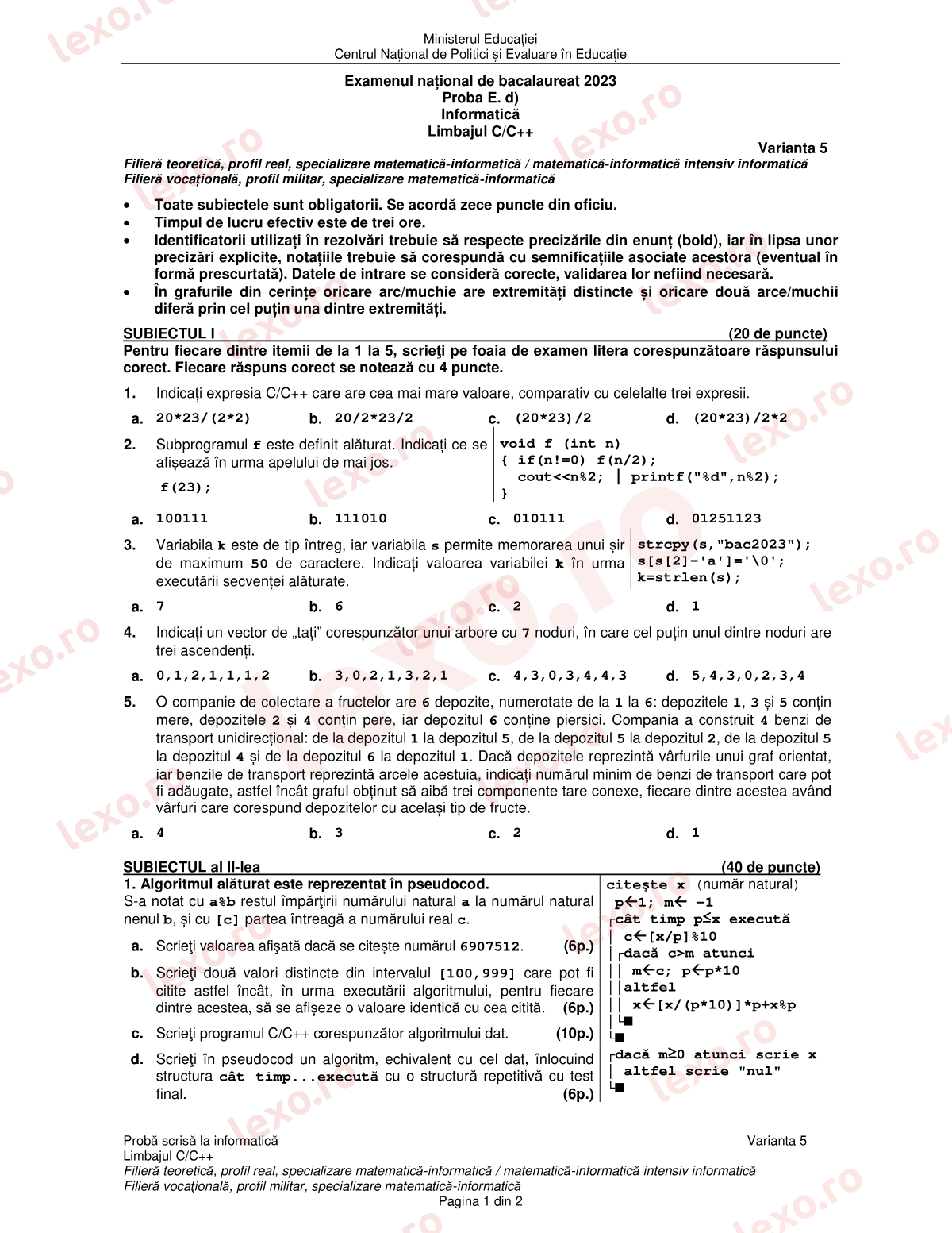 Subiecte Bacalaureat 2023 – Informatică — specializarea matematică-informatică – sesiunea iunie–iulie (subiect + barem)
