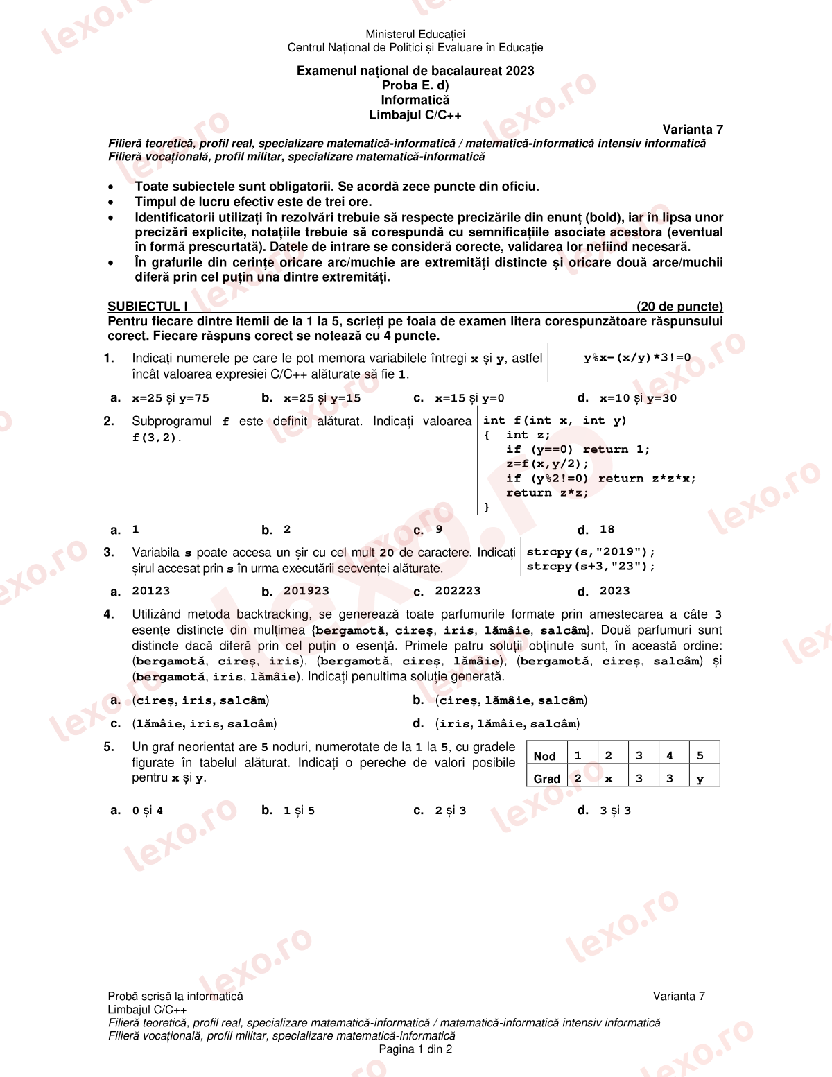 Subiecte Bacalaureat 2023 – Informatică — specializarea matematică-informatică – sesiunea august–septembrie (subiect + barem)