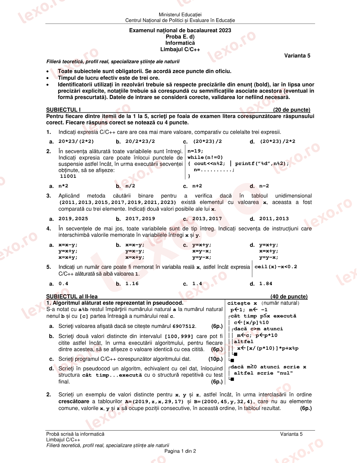 Subiecte Bacalaureat 2023 – Informatică — specializarea științe ale naturii – sesiunea iunie–iulie (subiect + barem)