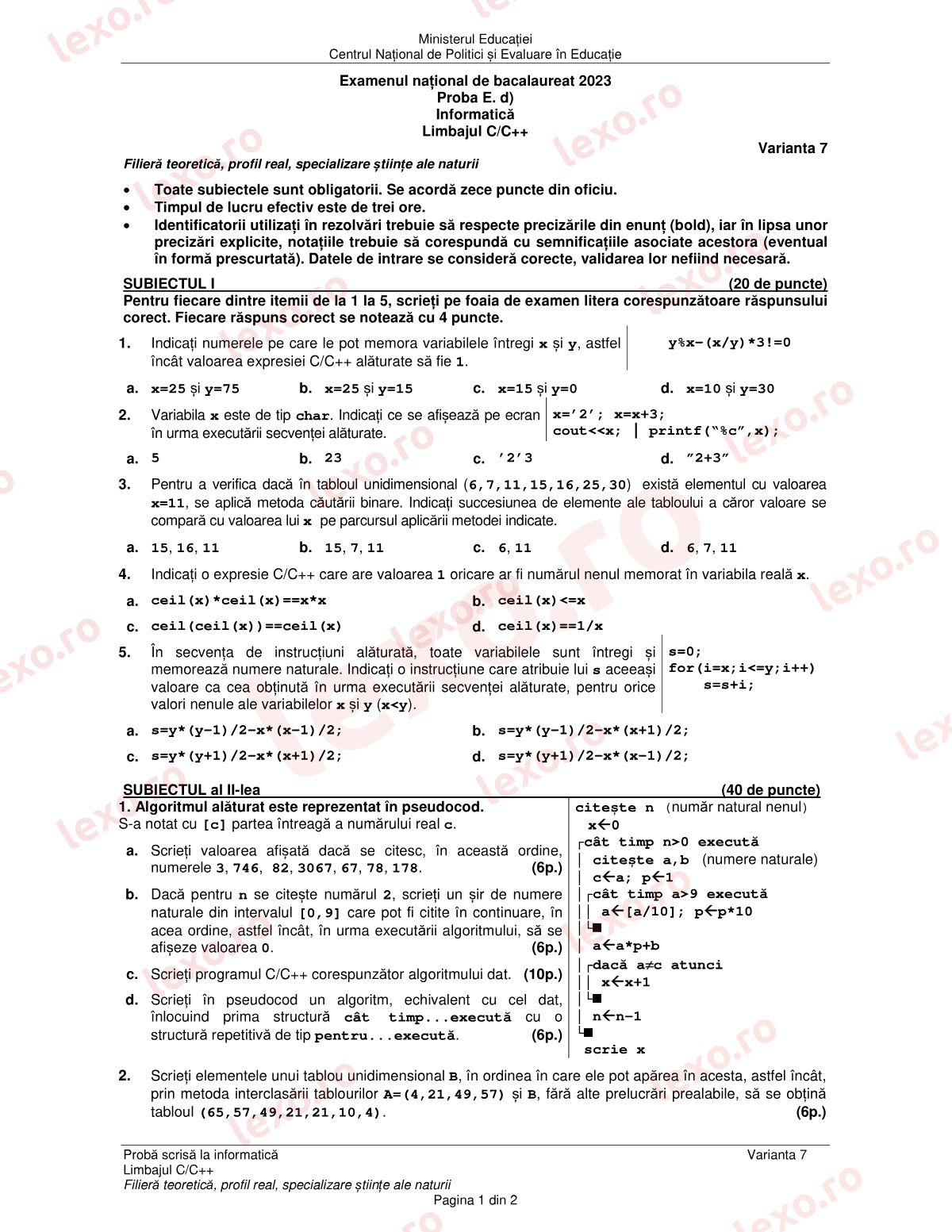 Subiecte Bacalaureat 2023 – Informatică — specializarea științe ale naturii – sesiunea august–septembrie (subiect + barem)