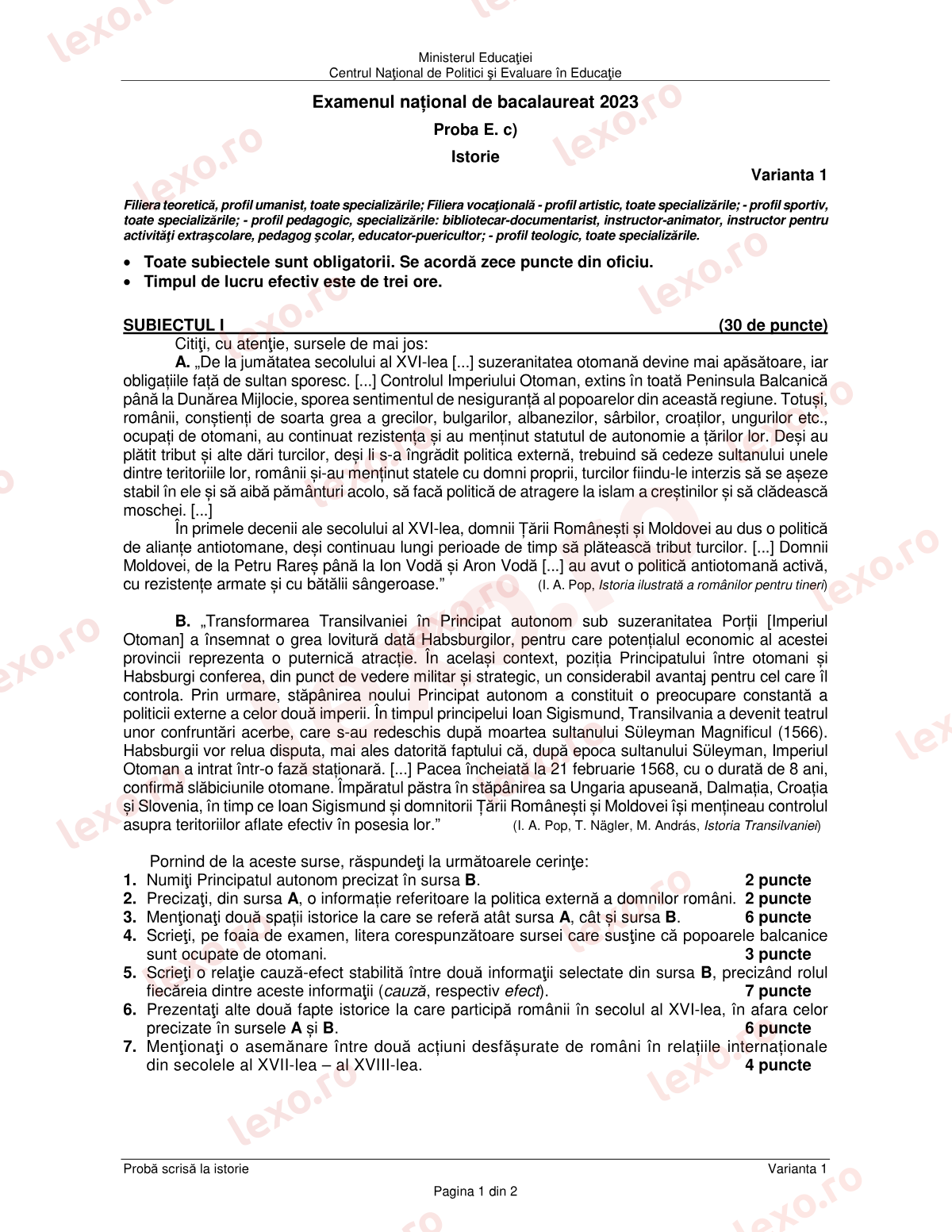 Subiecte Bacalaureat 2023 – Istorie – sesiunea iunie–iulie (subiect + barem)