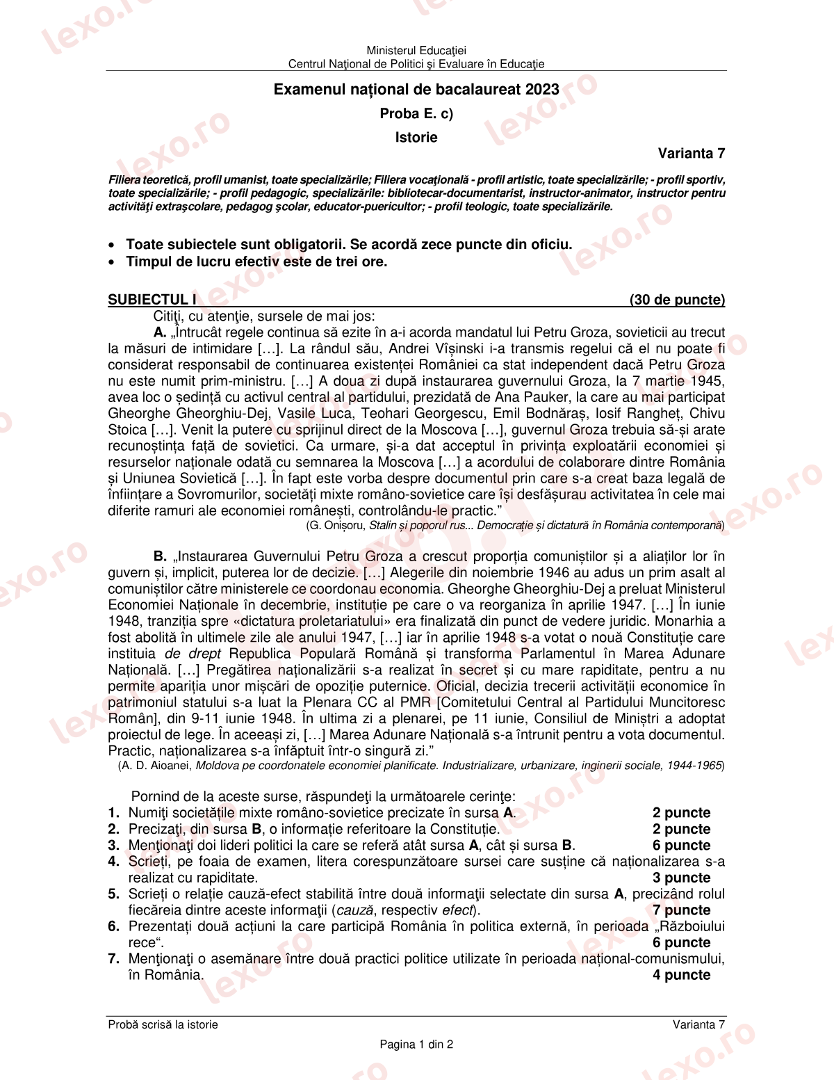 Subiecte Bacalaureat 2023 – Istorie – sesiunea august–septembrie (subiect + barem)