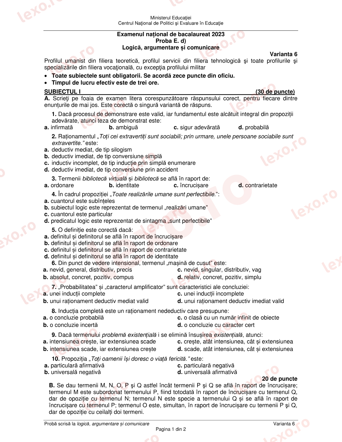 Subiecte Bacalaureat 2023 – Logică, argumentare și comunicare – sesiunea specială (subiect + barem)