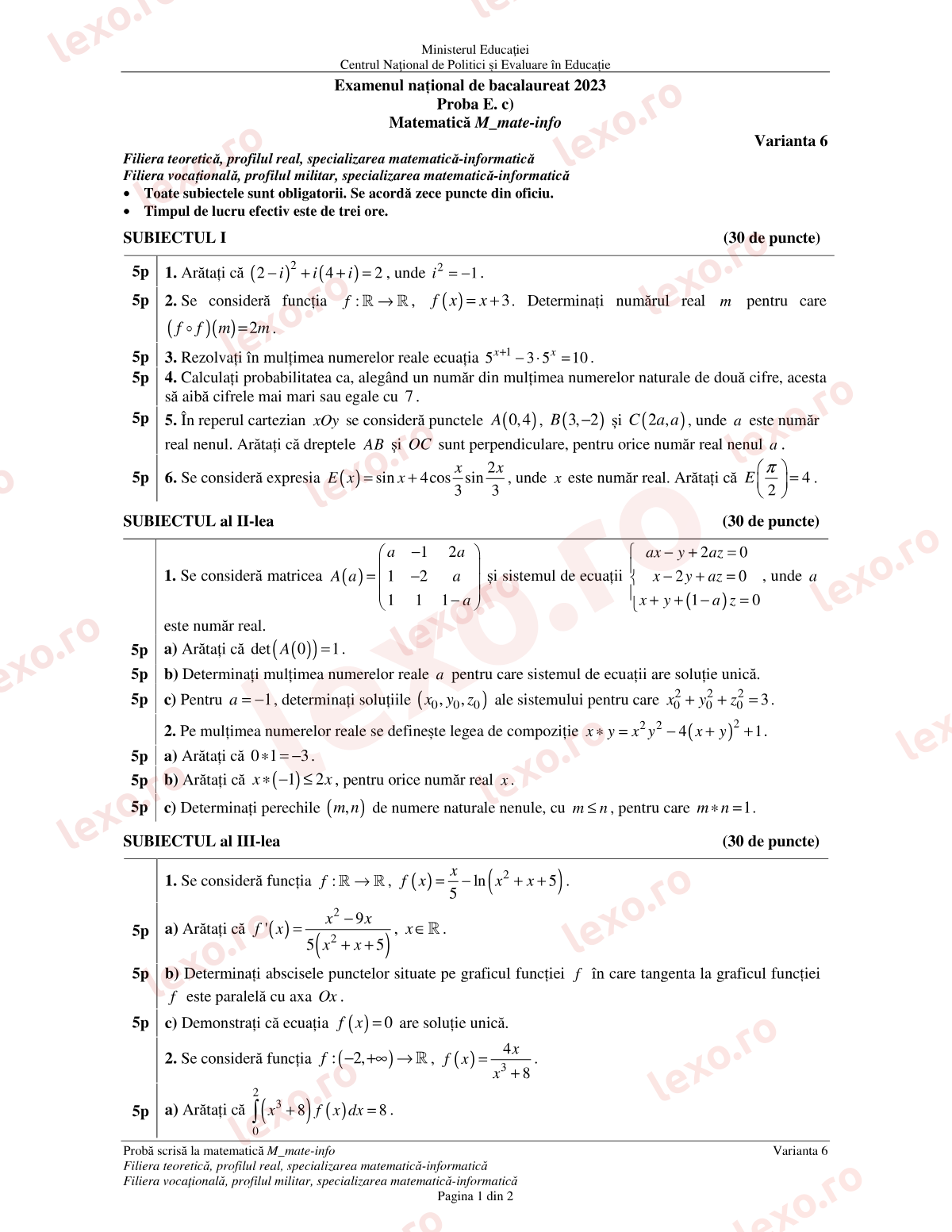 Subiecte Bacalaureat 2023 – Matematică M_mate-info – sesiunea specială (subiect + barem)