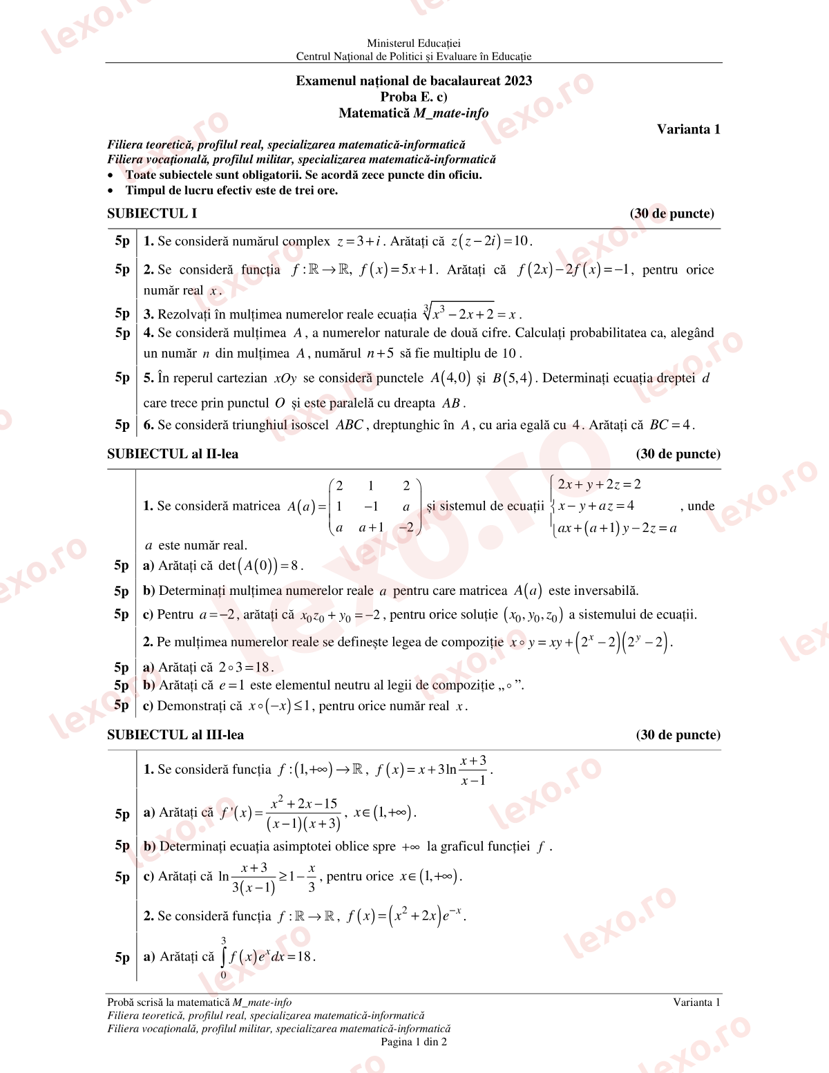 Subiecte Bacalaureat 2023 – Matematică M_mate-info – sesiunea iunie–iulie (subiect + barem)