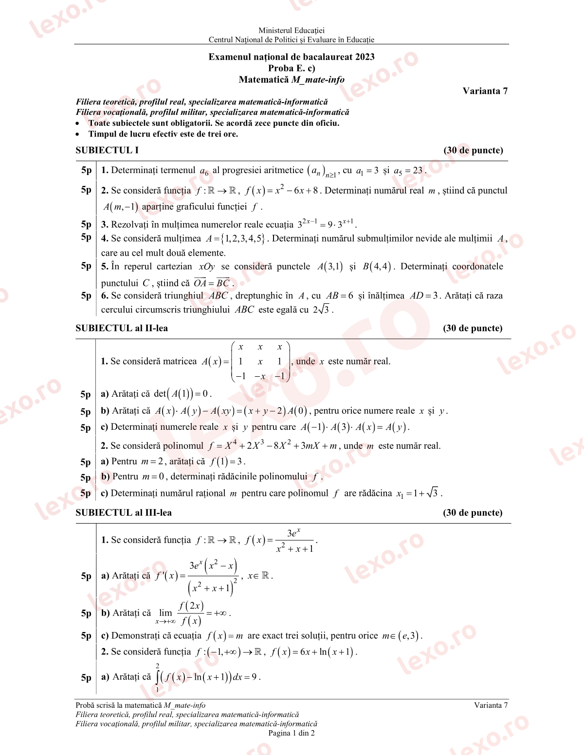 Subiecte Bacalaureat 2023 – Matematică M_mate-info – sesiunea august–septembrie (subiect + barem)