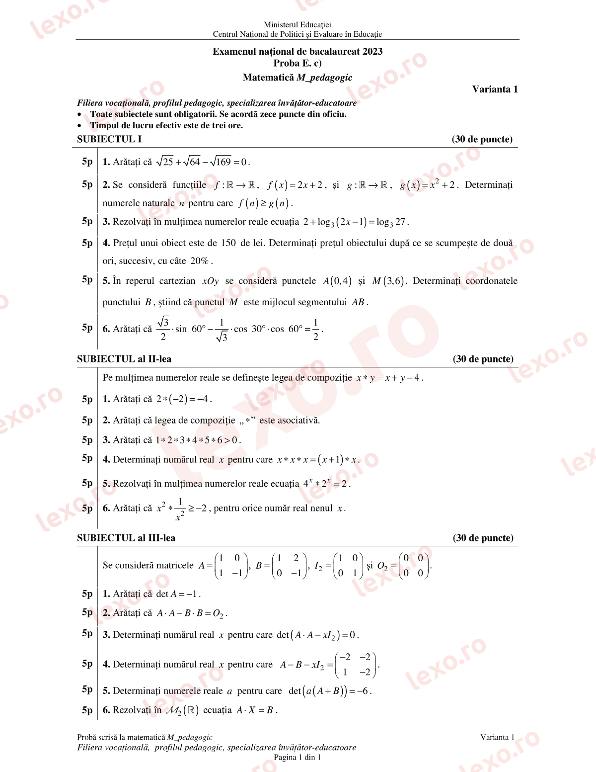 Subiecte Bacalaureat 2023 – Matematică M_pedagogic – sesiunea iunie–iulie (subiect + barem)