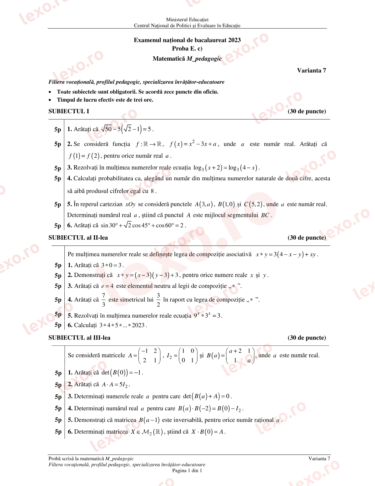 Subiecte Bacalaureat 2023 – Matematică M_pedagogic – sesiunea august–septembrie (subiect + barem)
