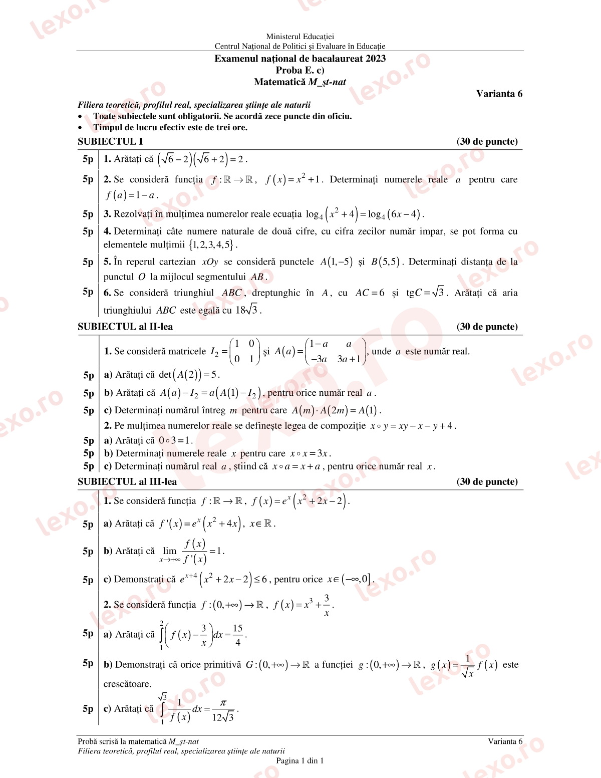 Subiecte Bacalaureat 2023 – Matematică M_științele-naturii – sesiunea specială (subiect + barem)