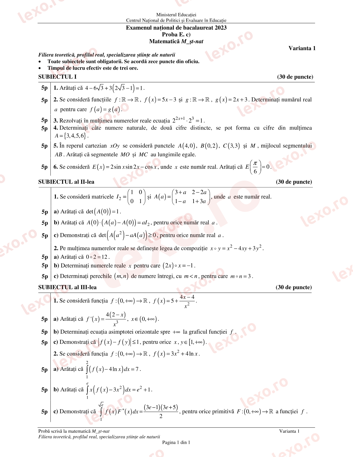 Subiecte Bacalaureat 2023 – Matematică M_științele-naturii – sesiunea iunie–iulie (subiect + barem)