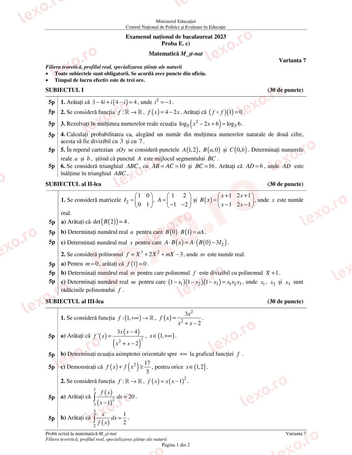 Subiecte Bacalaureat 2023 – Matematică M_științele-naturii – sesiunea august–septembrie (subiect + barem)
