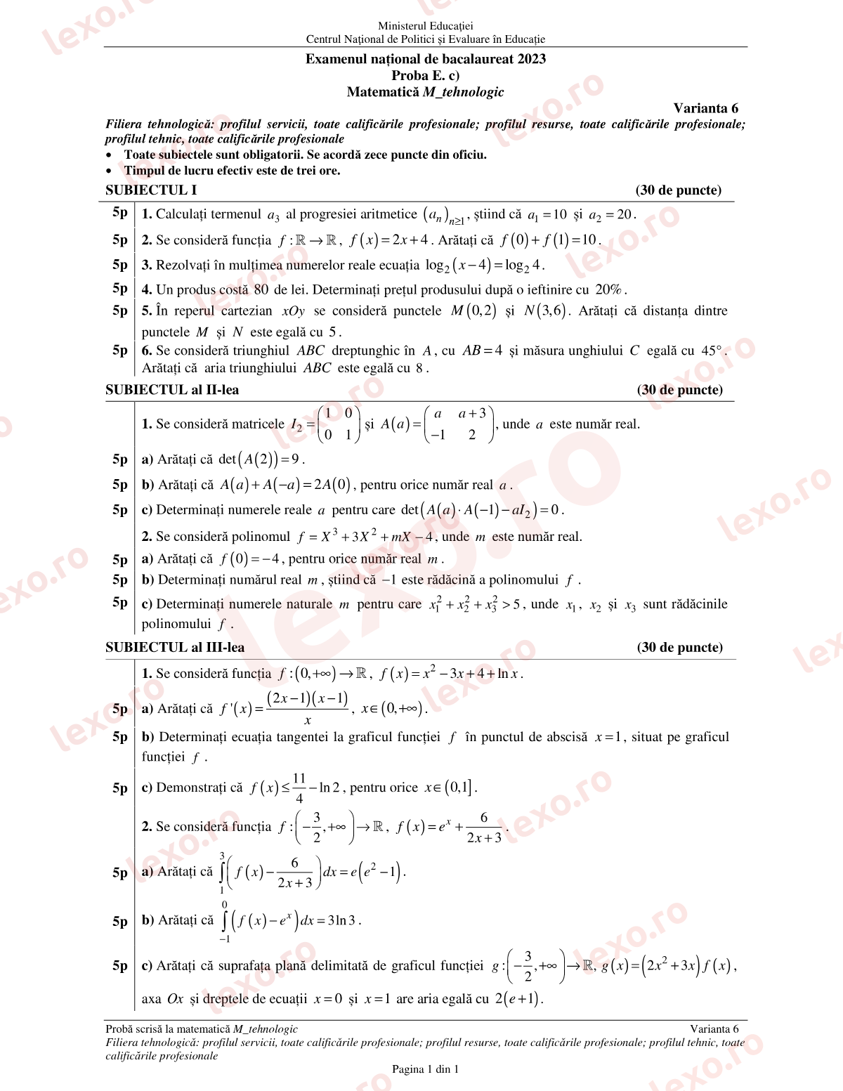 Subiecte Bacalaureat 2023 – Matematică M_tehnologic – sesiunea specială (subiect + barem)