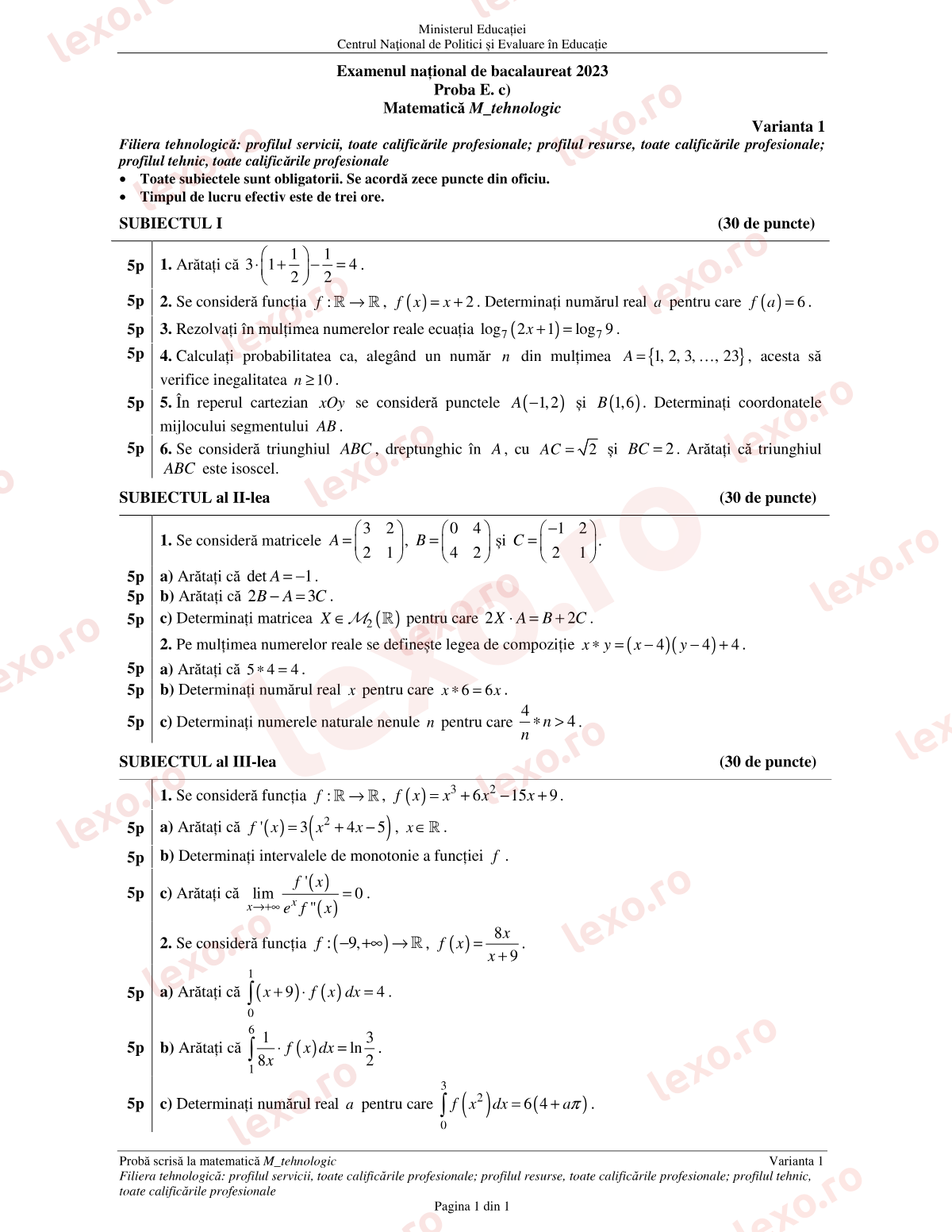 Subiecte Bacalaureat 2023 – Matematică M_tehnologic – sesiunea iunie–iulie (subiect + barem)