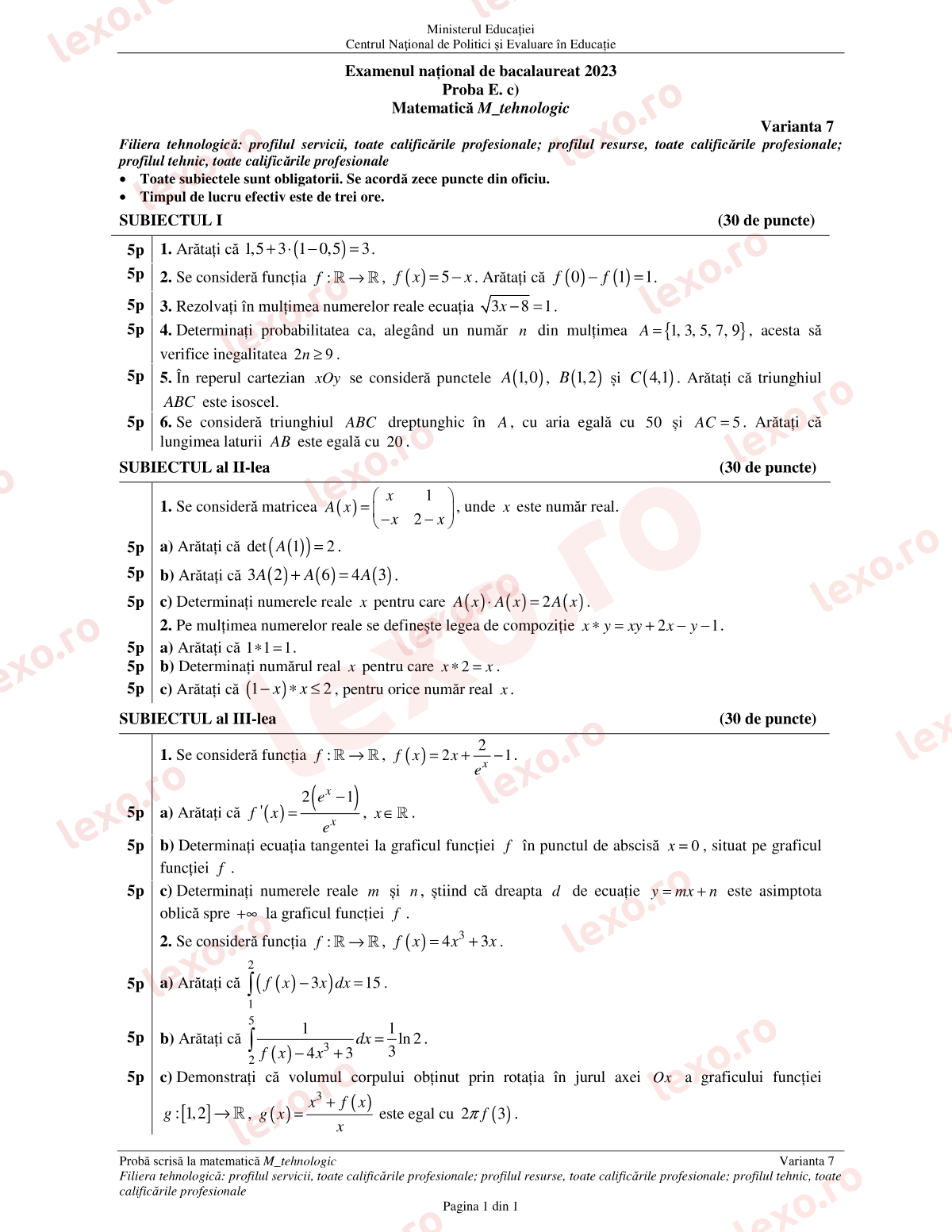 Subiecte Bacalaureat 2023 – Matematică M_tehnologic – sesiunea august–septembrie (subiect + barem)