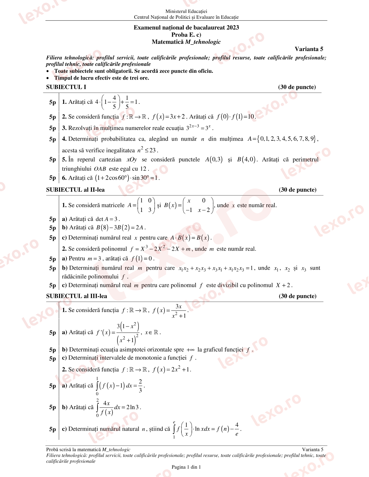 Subiecte Bacalaureat 2023 – Matematică M_tehnologic – sesiunea august–septembrie, rezervă (subiect + barem)