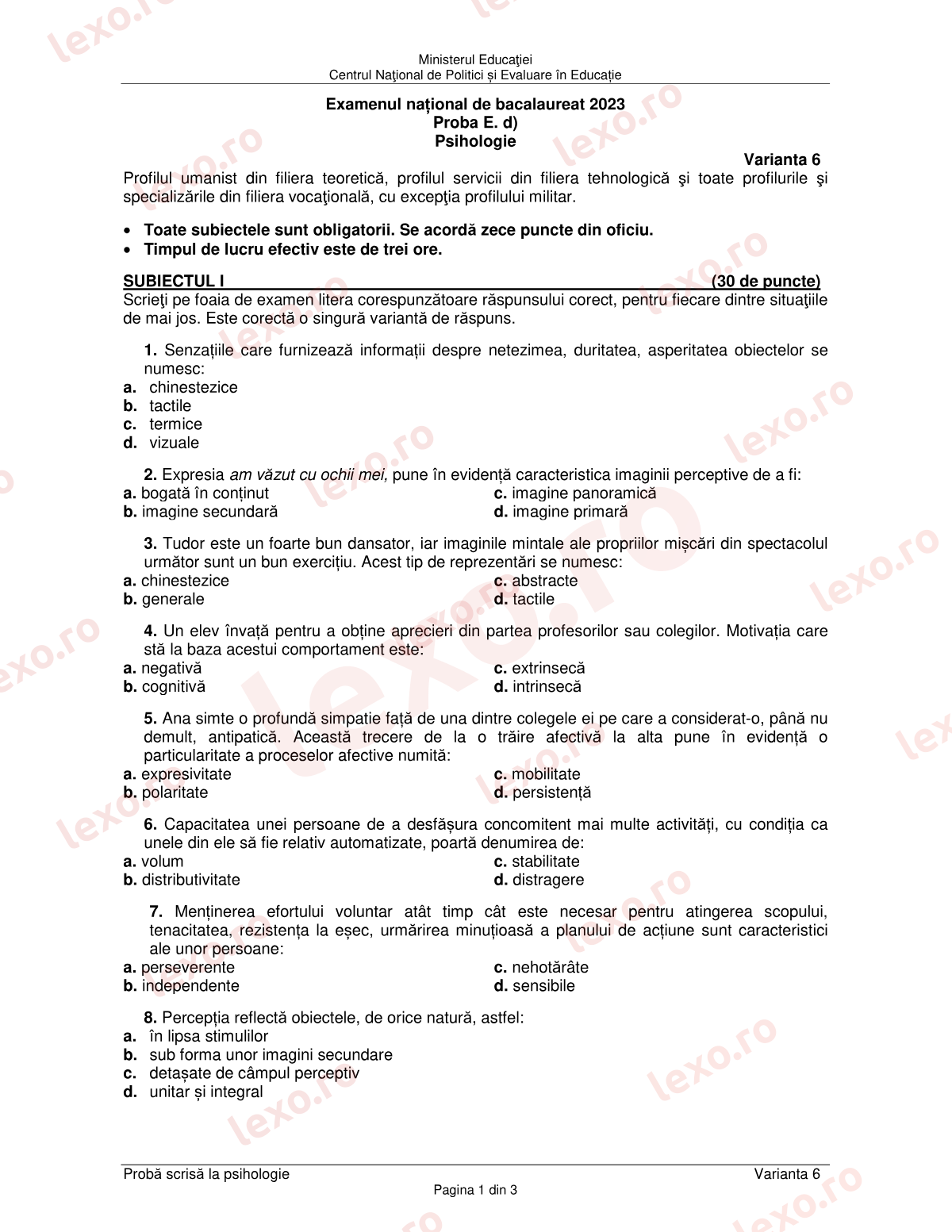 Subiecte Bacalaureat 2023 – Psihologie – sesiunea specială (subiect + barem)