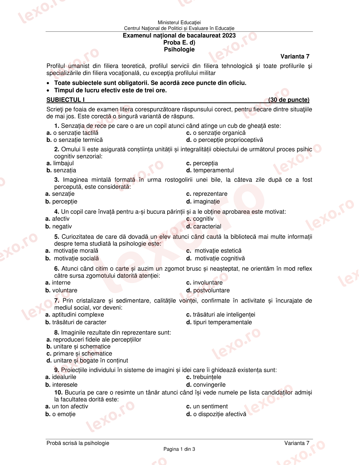 Subiecte Bacalaureat 2023 – Psihologie – sesiunea august–septembrie (subiect + barem)