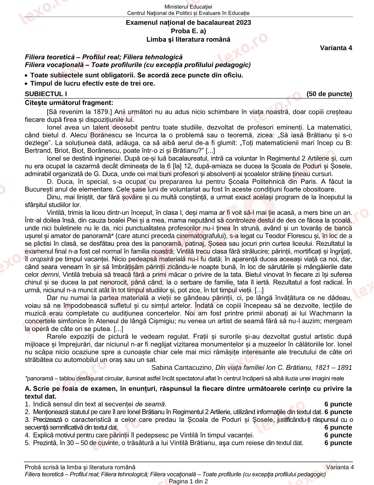 Subiecte Bacalaureat 2023 – Limba și literatura română — profil real / tehnologic – sesiunea specială (subiect + barem)