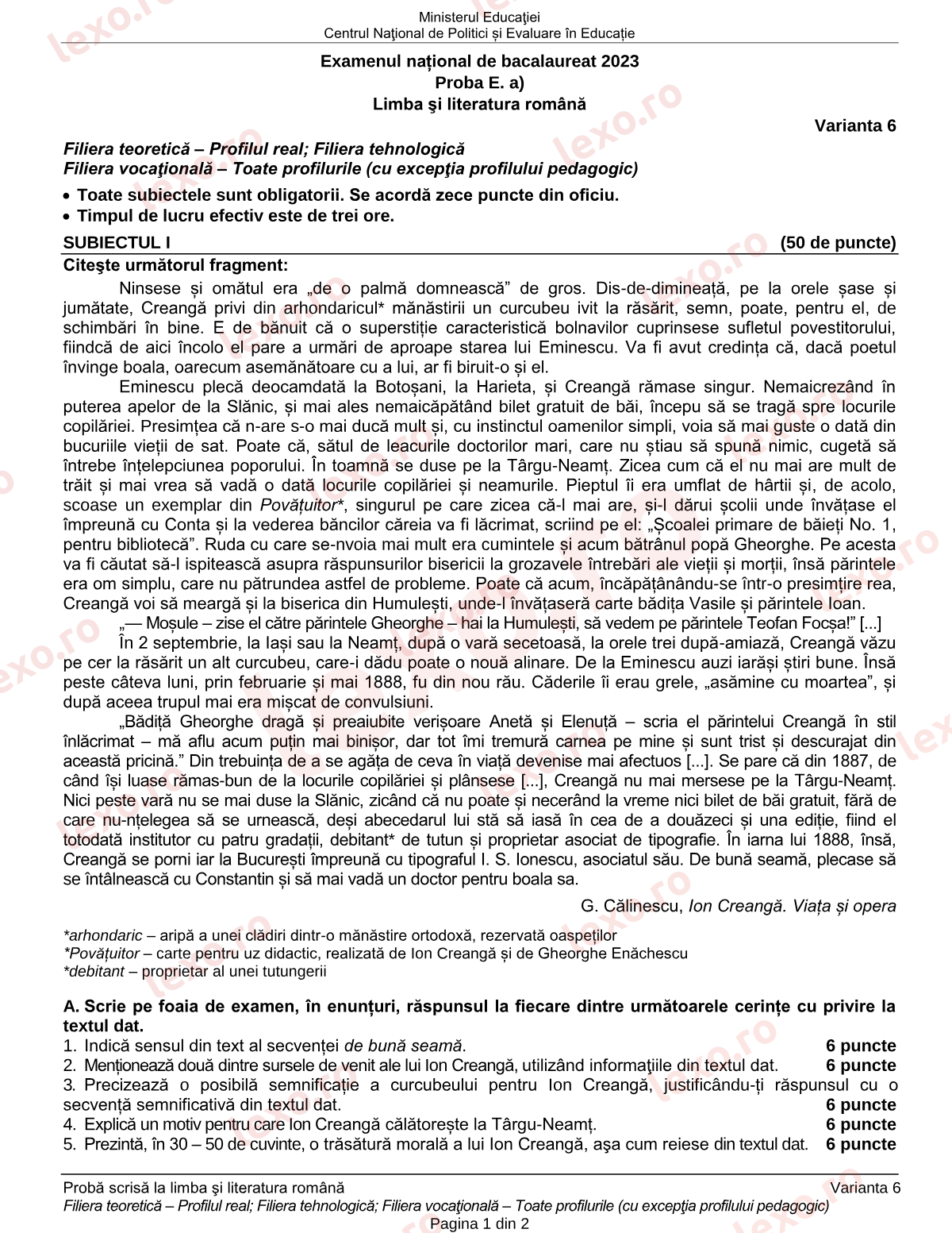 Subiecte Bacalaureat 2023 – Limba și literatura română — profil real / tehnologic – sesiunea iunie–iulie (subiect + barem)