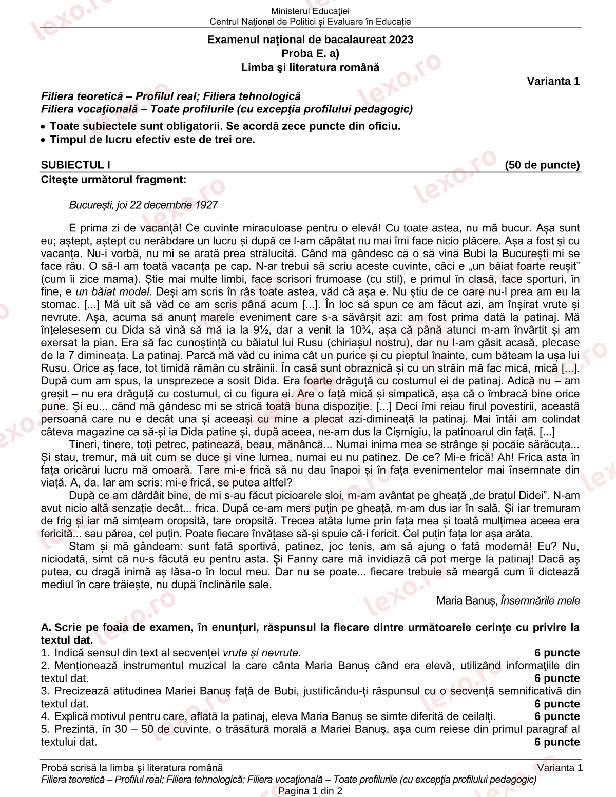 Subiecte Bacalaureat 2023 – Limba și literatura română — profil real / tehnologic – sesiunea august–septembrie (subiect + barem)