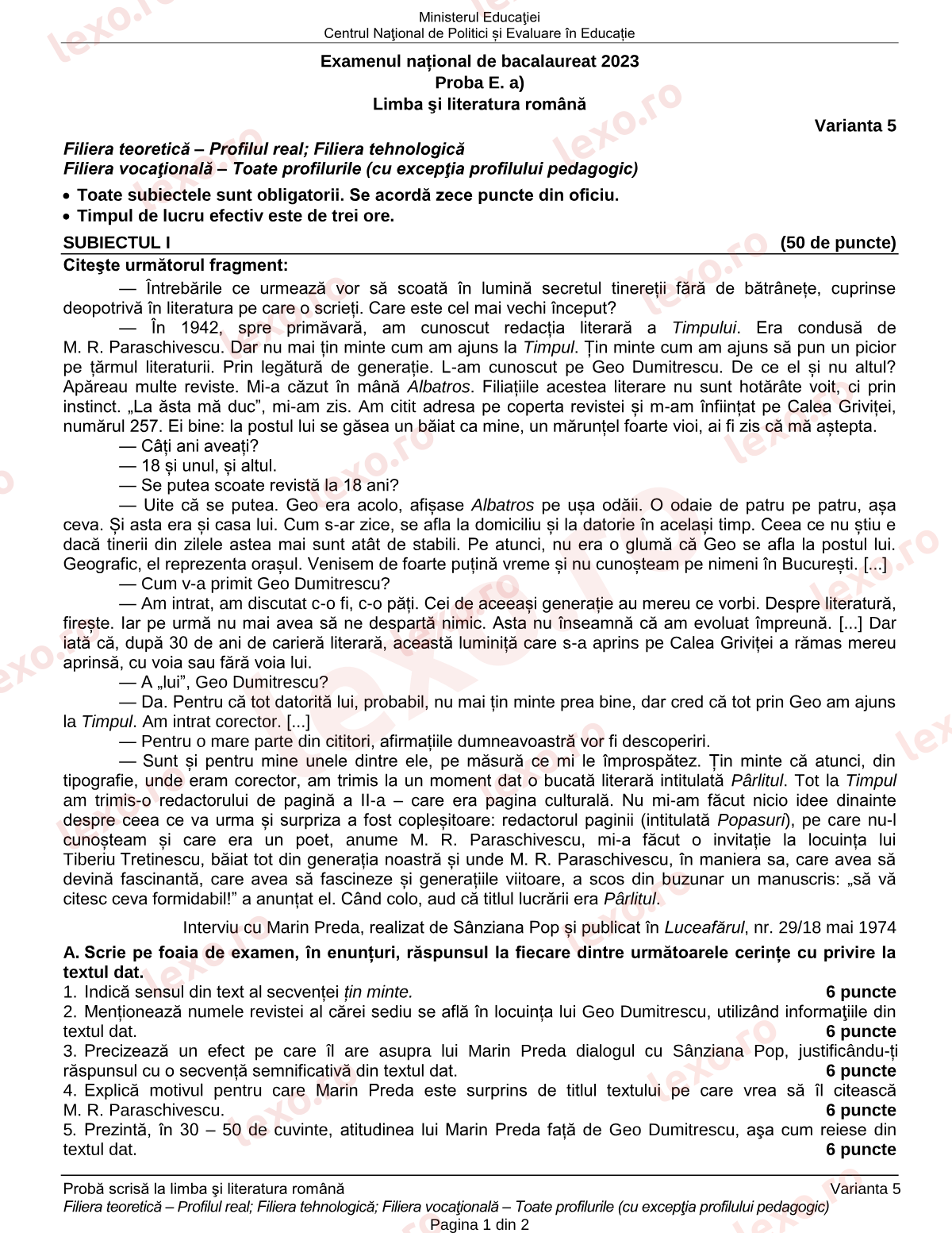 Subiecte Bacalaureat 2023 – Limba și literatura română — profil real / tehnologic – sesiunea august–septembrie, rezervă (subiect + barem)