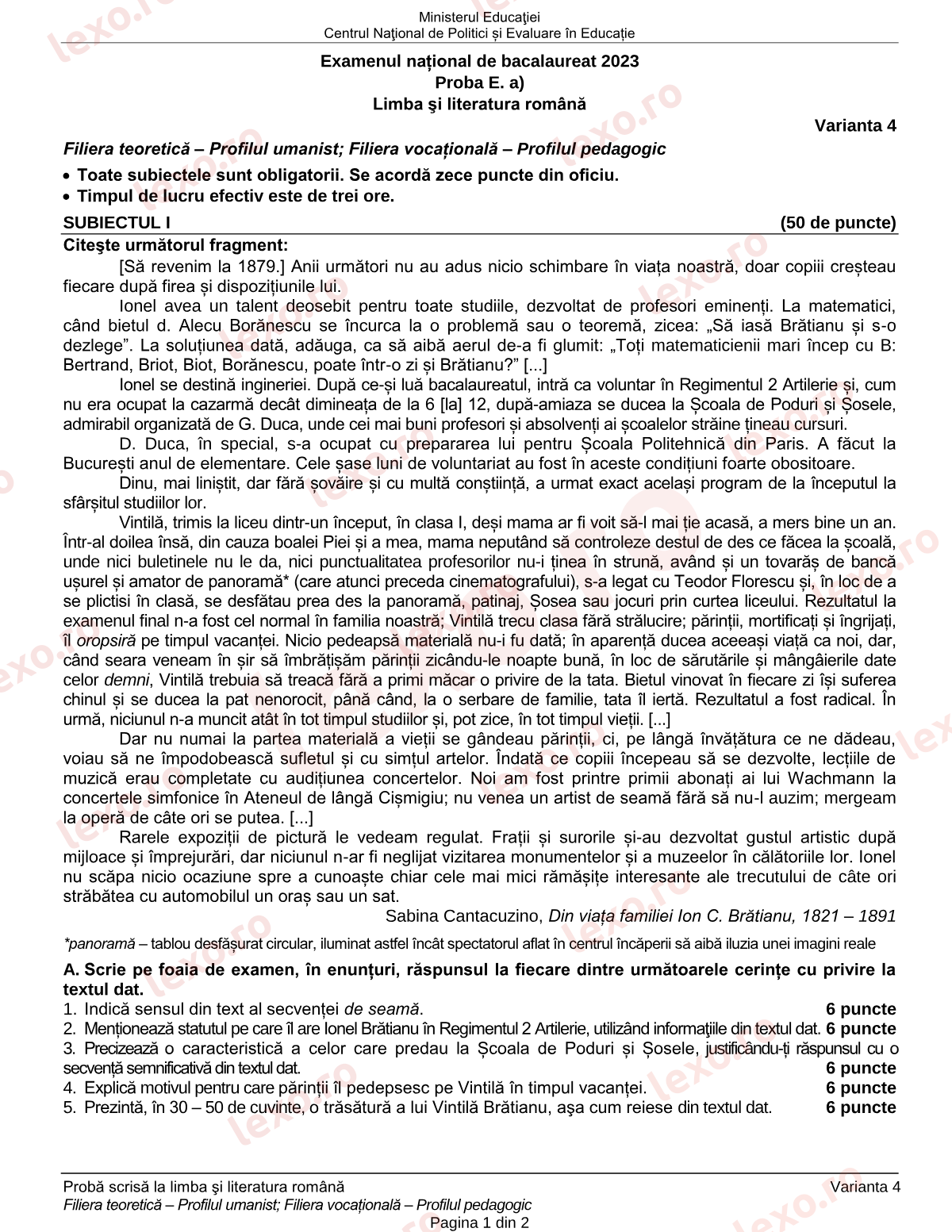 Subiecte Bacalaureat 2023 – Limba și literatura română — profil uman / pedagogic – sesiunea specială (subiect + barem)