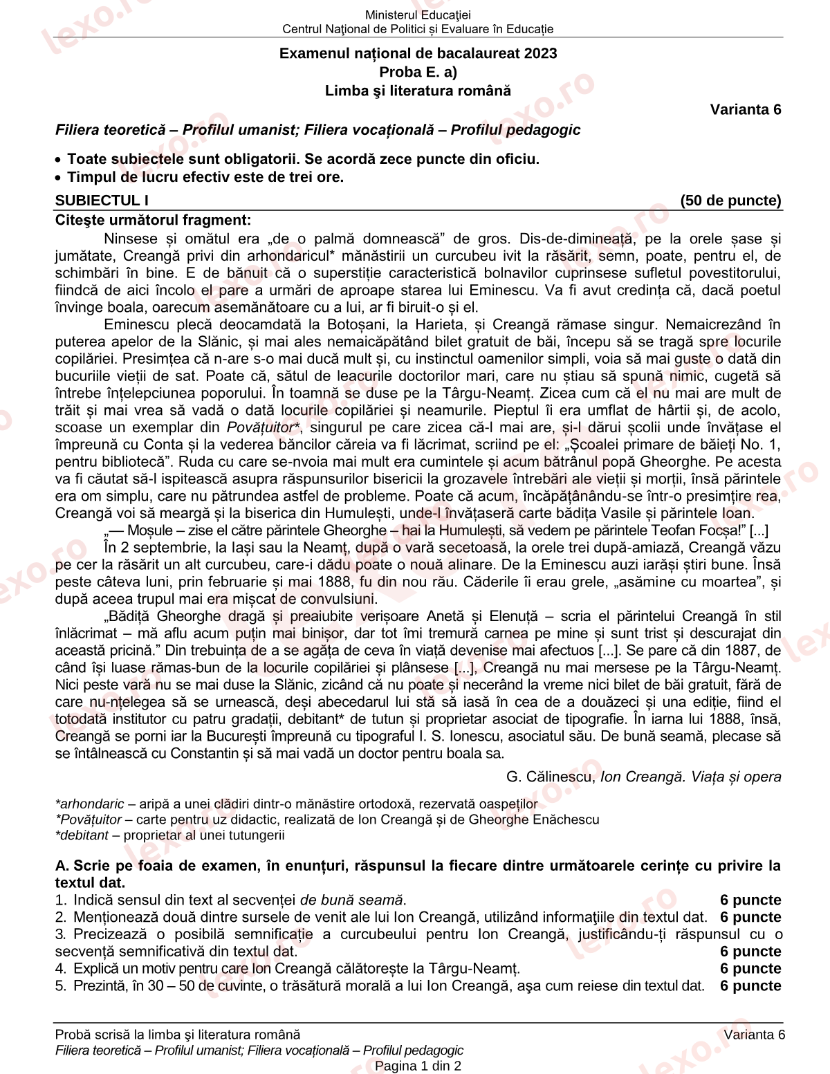 Subiecte Bacalaureat 2023 – Limba și literatura română — profil uman / pedagogic – sesiunea iunie–iulie (subiect + barem)