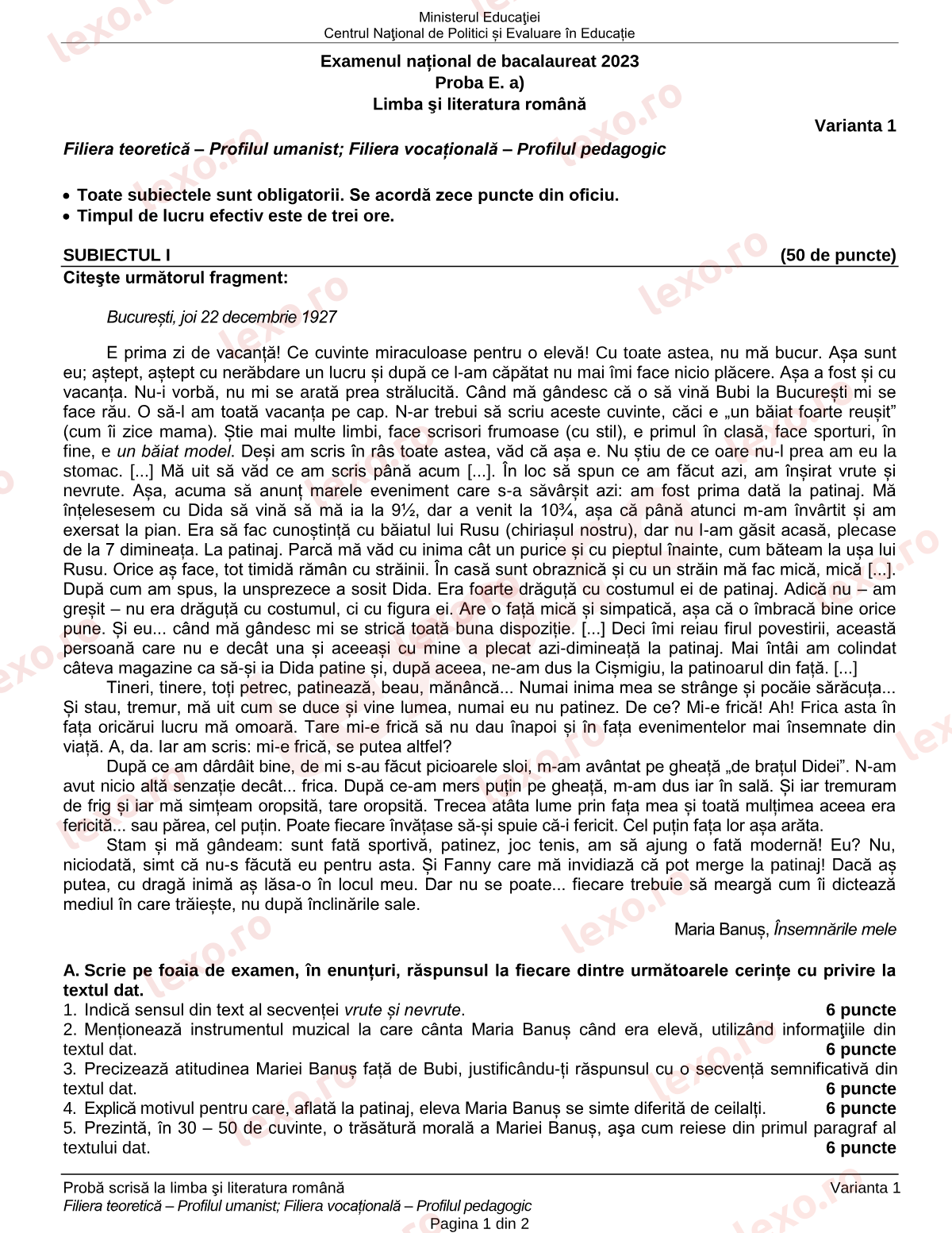 Subiecte Bacalaureat 2023 – Limba și literatura română — profil uman / pedagogic – sesiunea august–septembrie (subiect + barem)