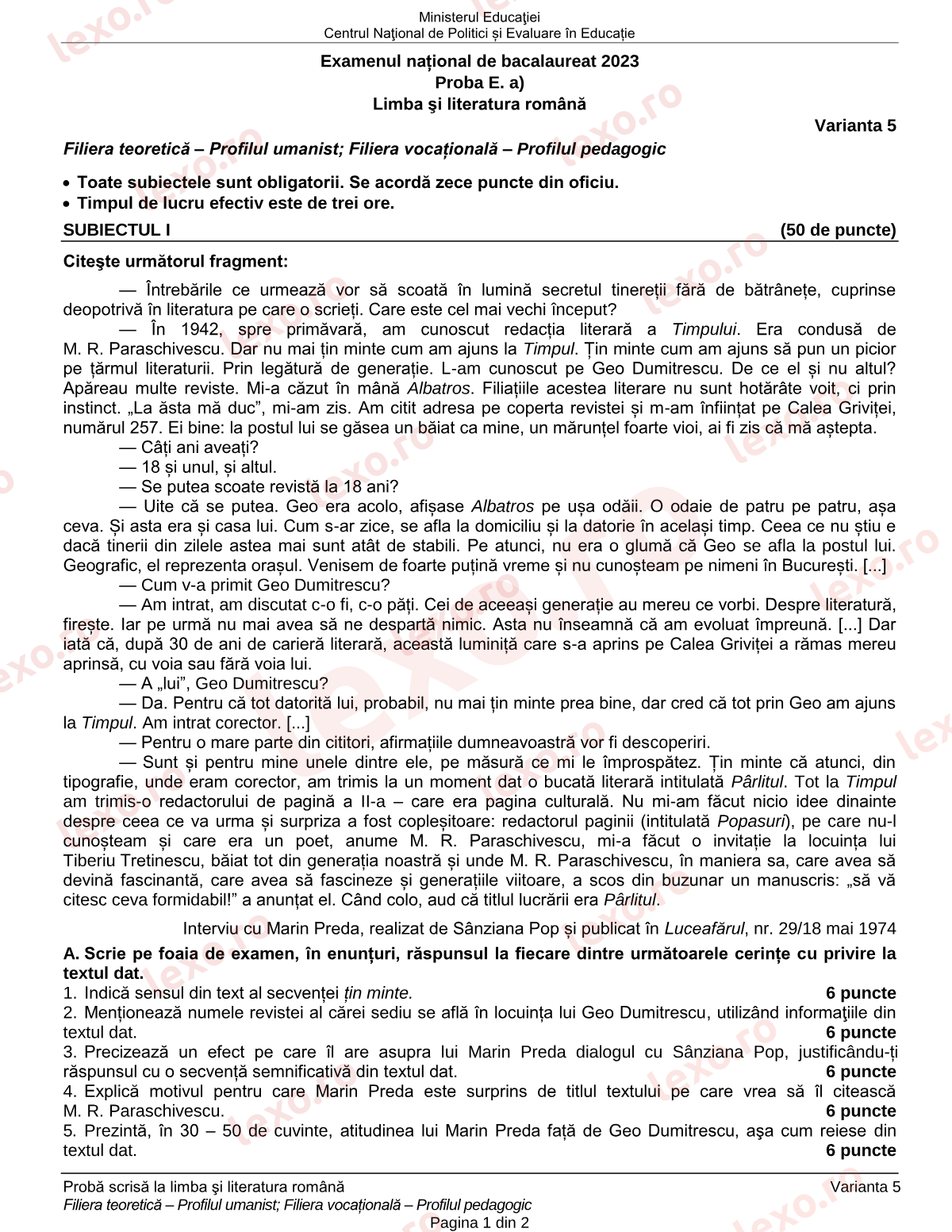 Subiecte Bacalaureat 2023 – Limba și literatura română — profil uman / pedagogic – sesiunea august–septembrie, rezervă (subiect + barem)