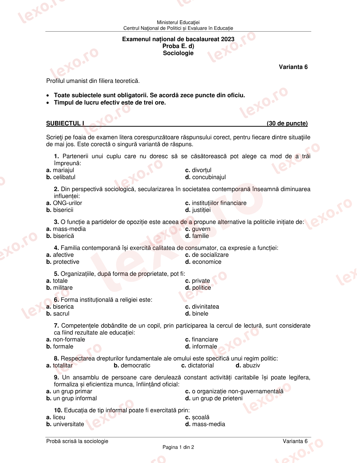 Subiecte Bacalaureat 2023 – Sociologie – sesiunea specială (subiect + barem)