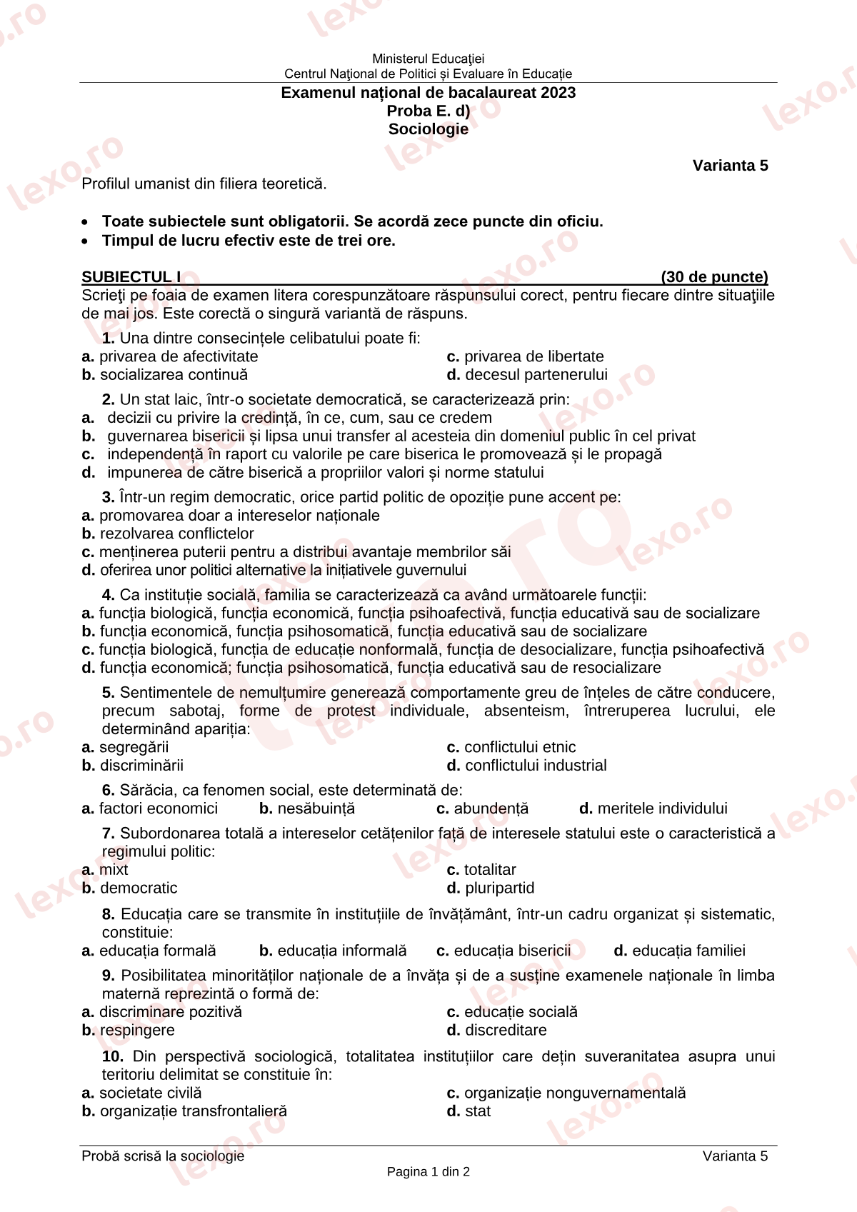 Subiecte Bacalaureat 2023 – Sociologie – sesiunea iunie–iulie (subiect + barem)