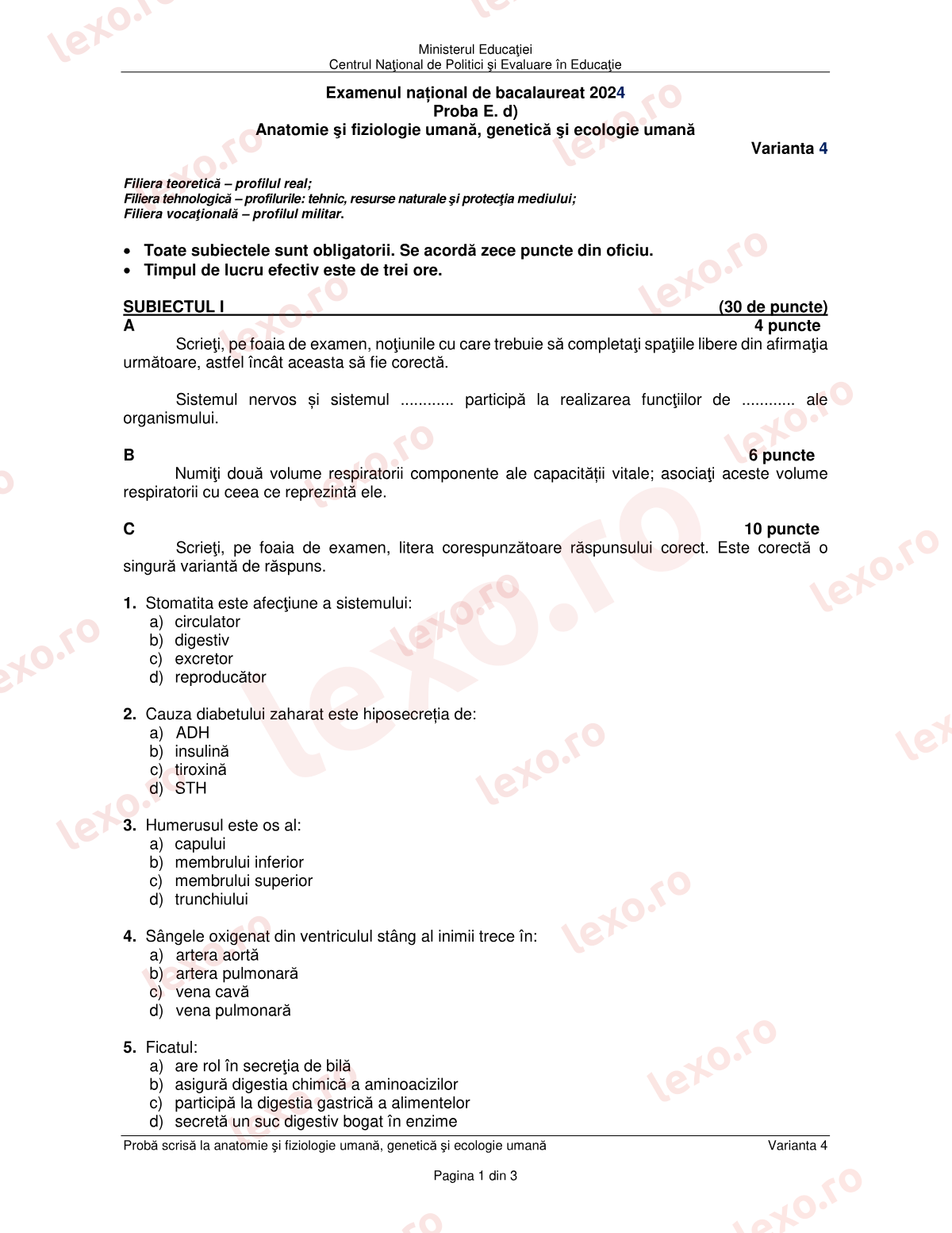 Subiecte Bacalaureat 2024 – Anatomie și fiziologie umană, genetică și ecologie umană – sesiunea specială (subiect + barem)